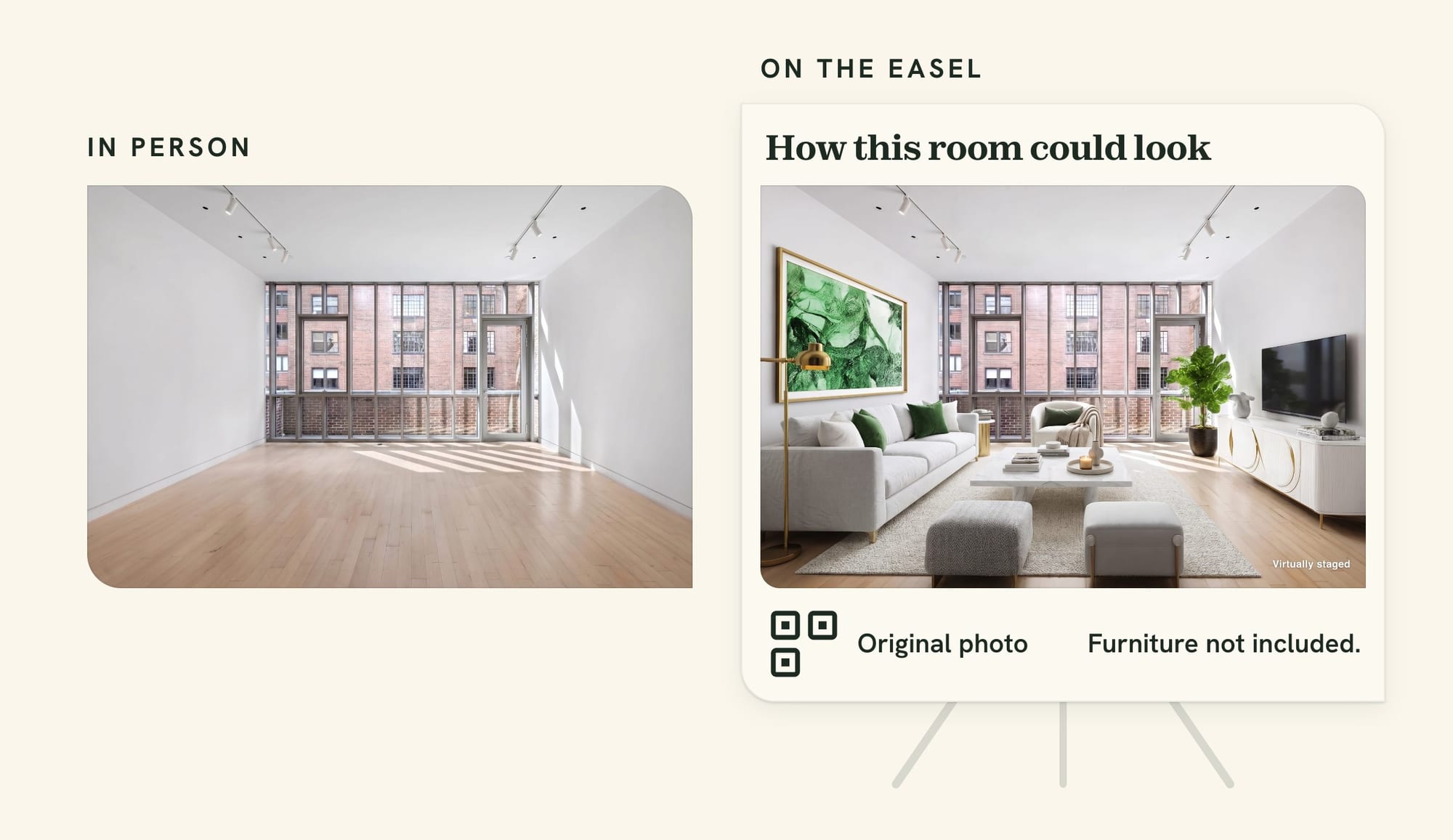 Open house board showing an empty living room virtually staged with TINTY, labeled Virtually staged, next to the same empty room