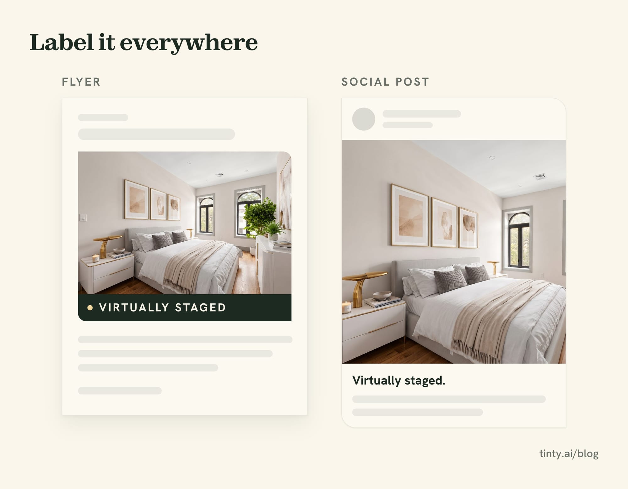 Example flyer and social post with the same virtually staged bedroom photo, each with a Virtually staged line under the photo