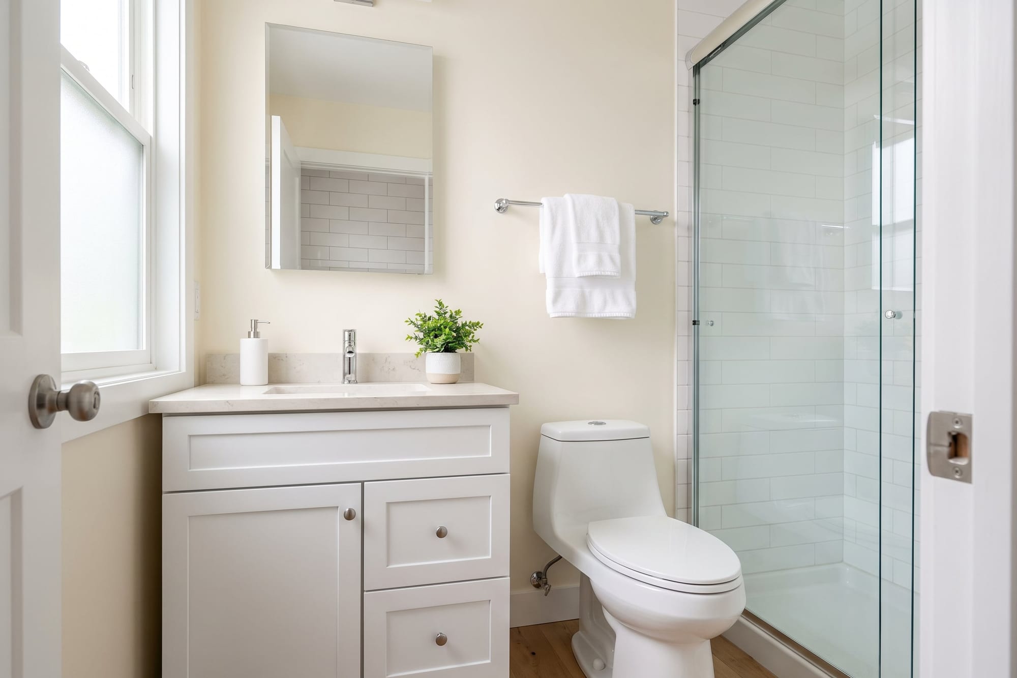 Clean bathroom staged for sale: one set of white towels, a soap dispenser and a small plant on a cleared counter, toilet lid closed