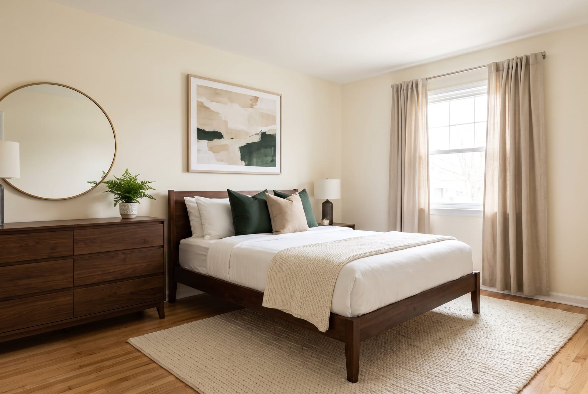 A lived-in bedroom soft staged with new art, a mirror, a rug and throw pillows, with no new large furniture