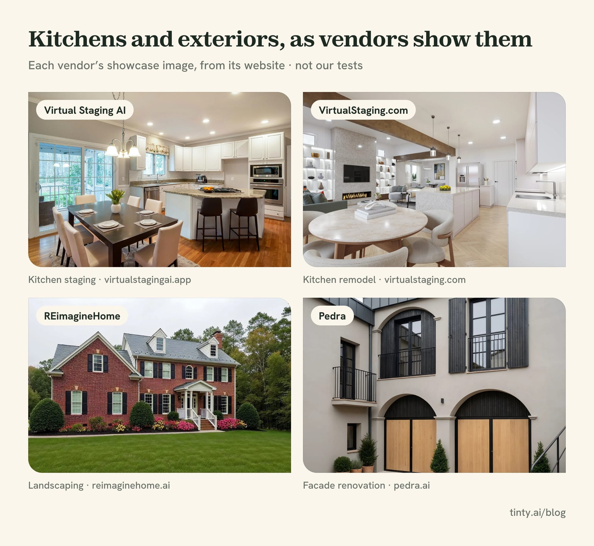 Vendor showcase examples of kitchens and exteriors: a staged kitchen from Virtual Staging AI, a kitchen remodel from VirtualStaging.com, new landscaping from REimagineHome and a renovated facade from Pedra