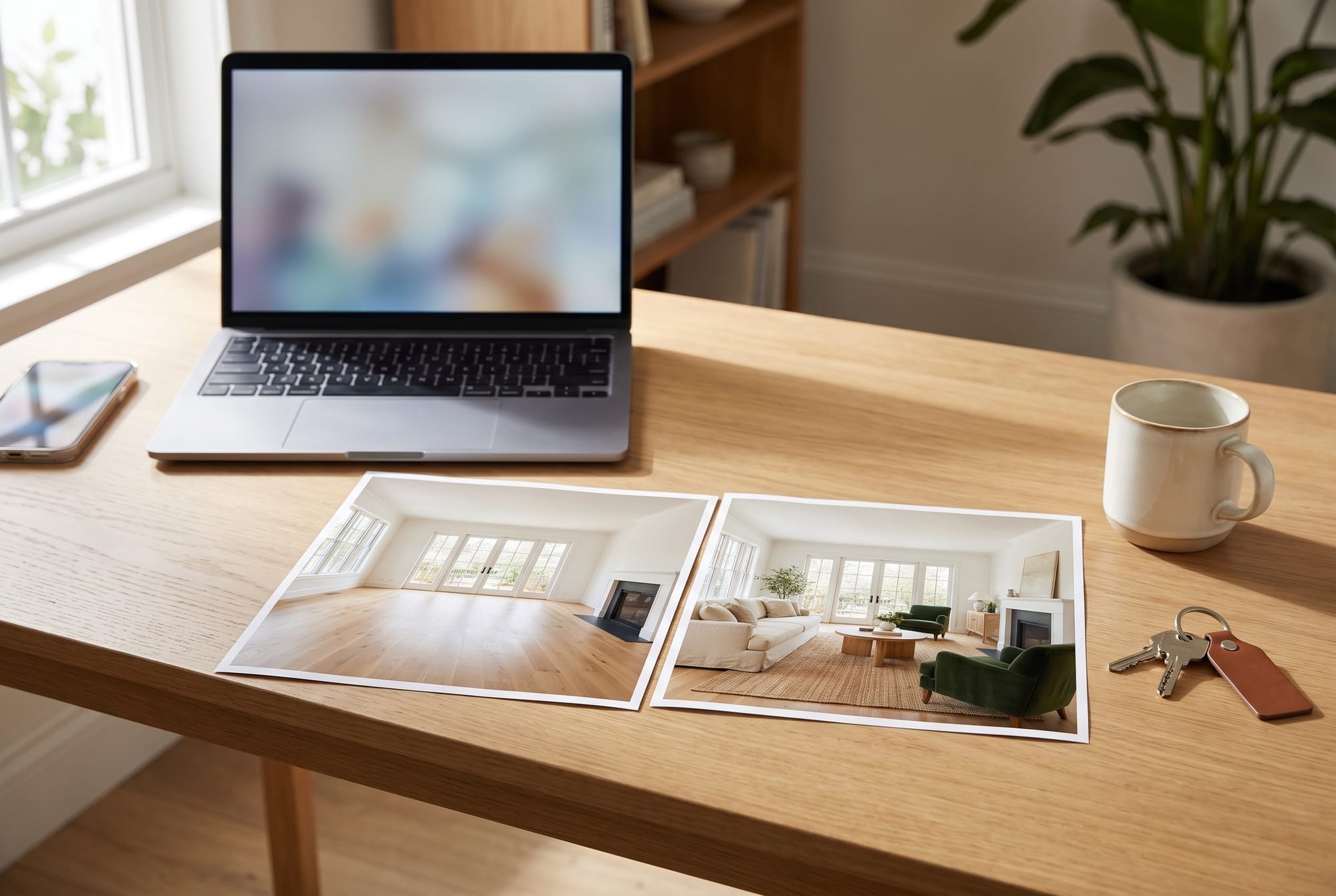 Oak desk with a laptop, phone and mug beside two prints of the same living room, empty and virtually staged