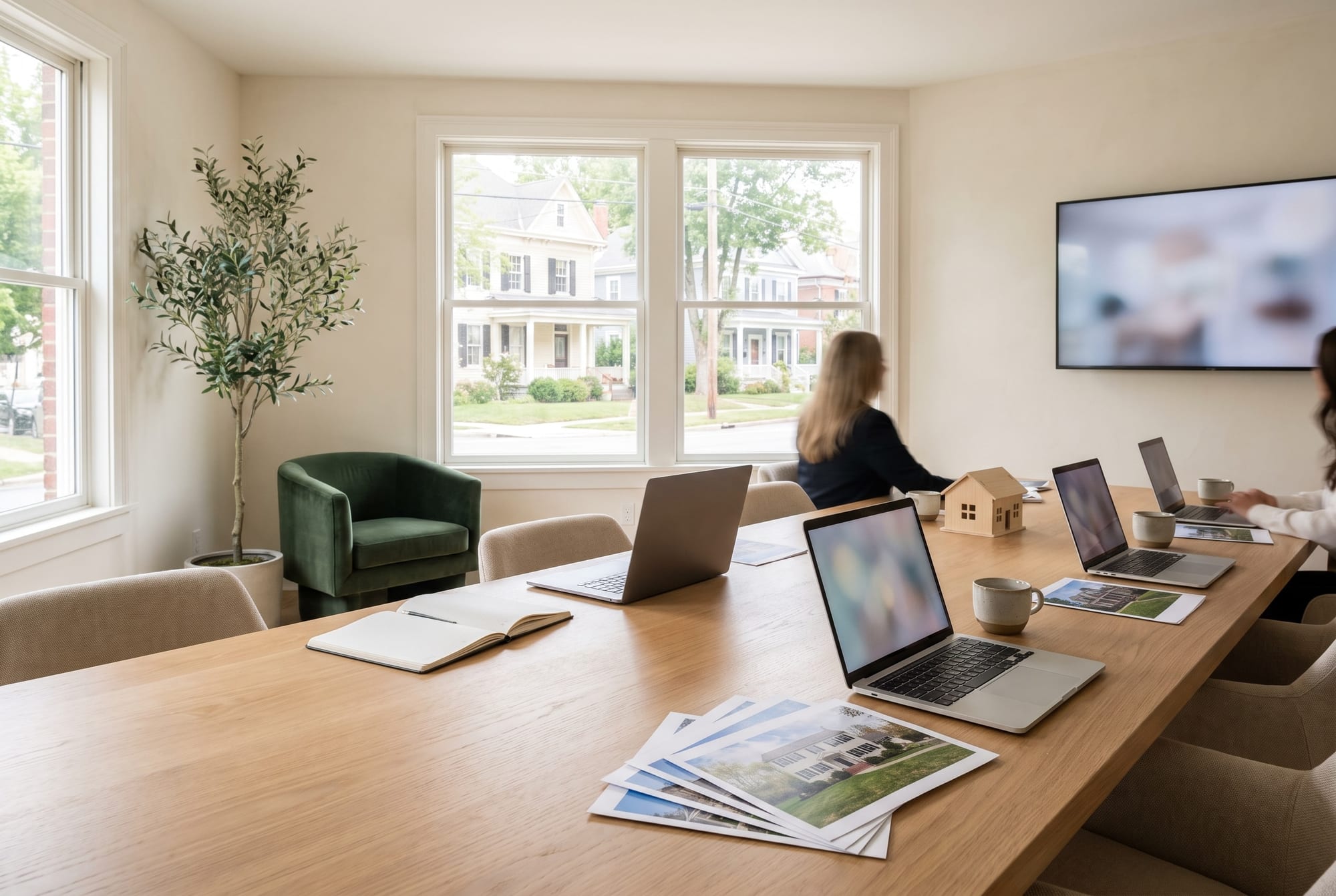 Bright brokerage meeting room with open laptops, printed house photos and a small wooden house model on a long oak table, two agents working out of focus at the far end