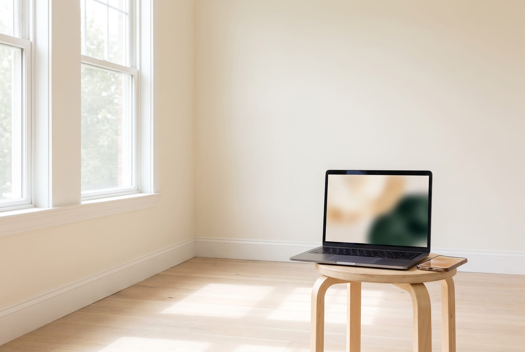 An open laptop and a phone on an oak stool in an empty sunlit room, the screen showing a soft cream and green blur