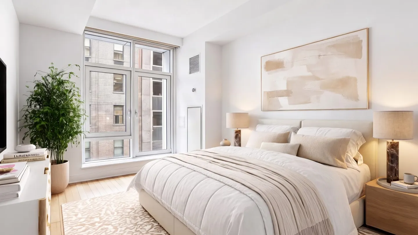 A bedroom virtually restaged with a cream upholstered bed, linen bedding, marble table lamps, a large beige abstract painting and a patterned rug