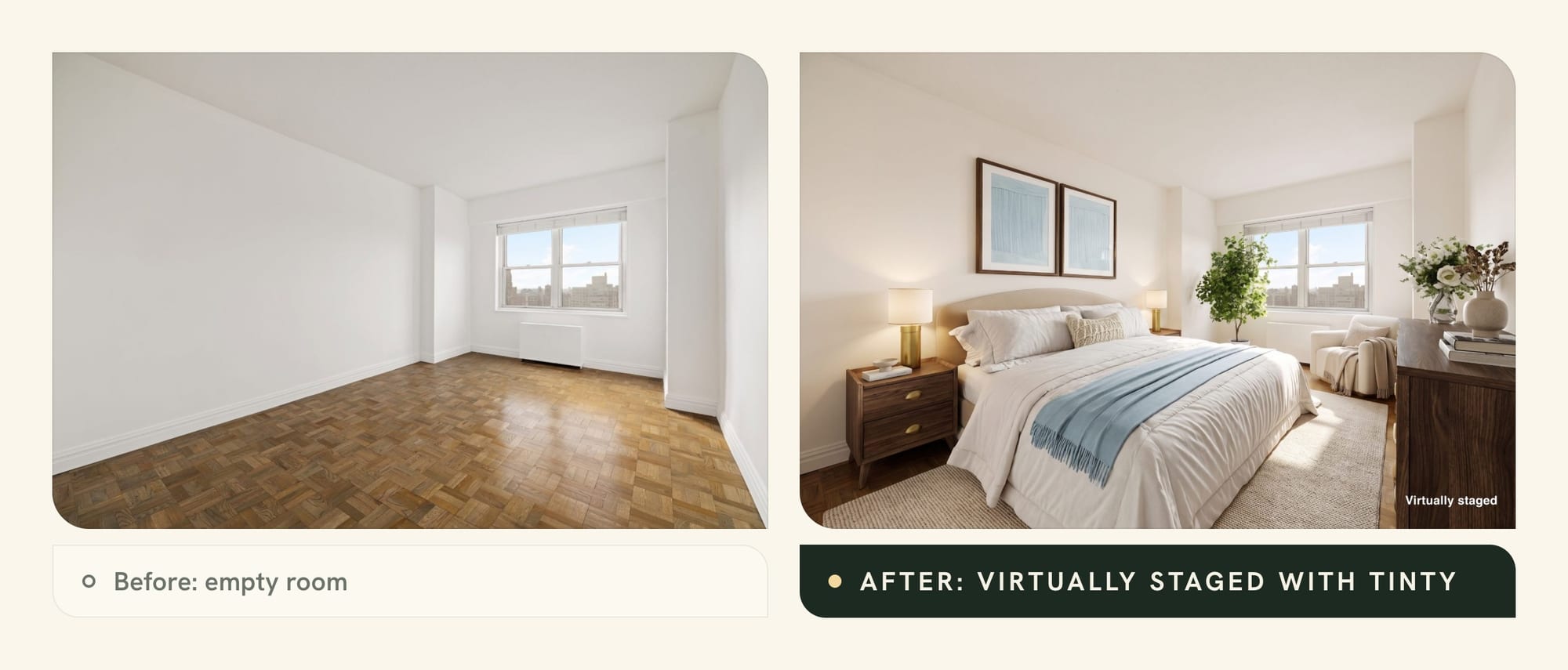 Empty bedroom with a parquet floor next to the same room virtually staged with TINTY and labeled Virtually staged