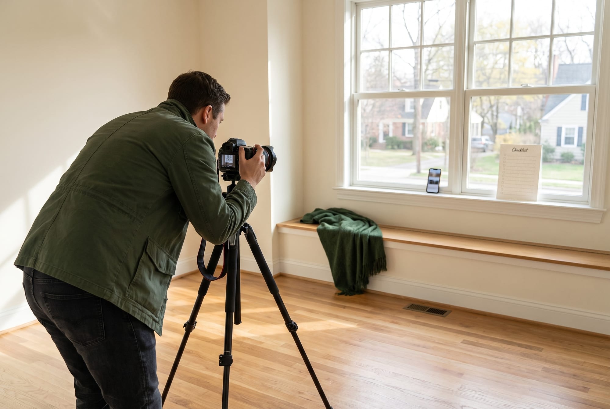 A photographer setting up a camera on a tripod in an empty, bright bedroom with oak floors