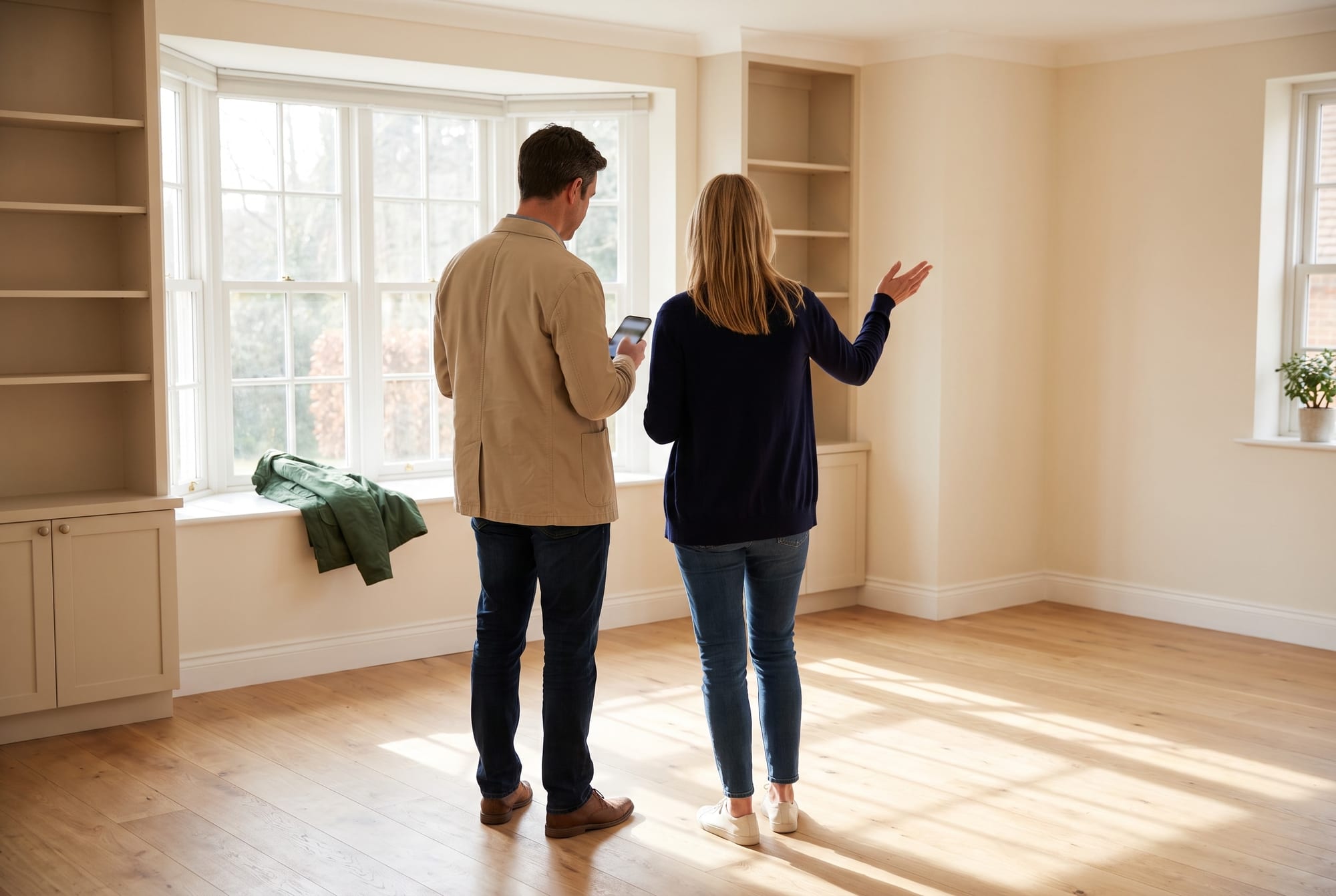 A couple seen from behind tours an empty sunlit living room with a bay window, one holding a phone, the other gesturing
