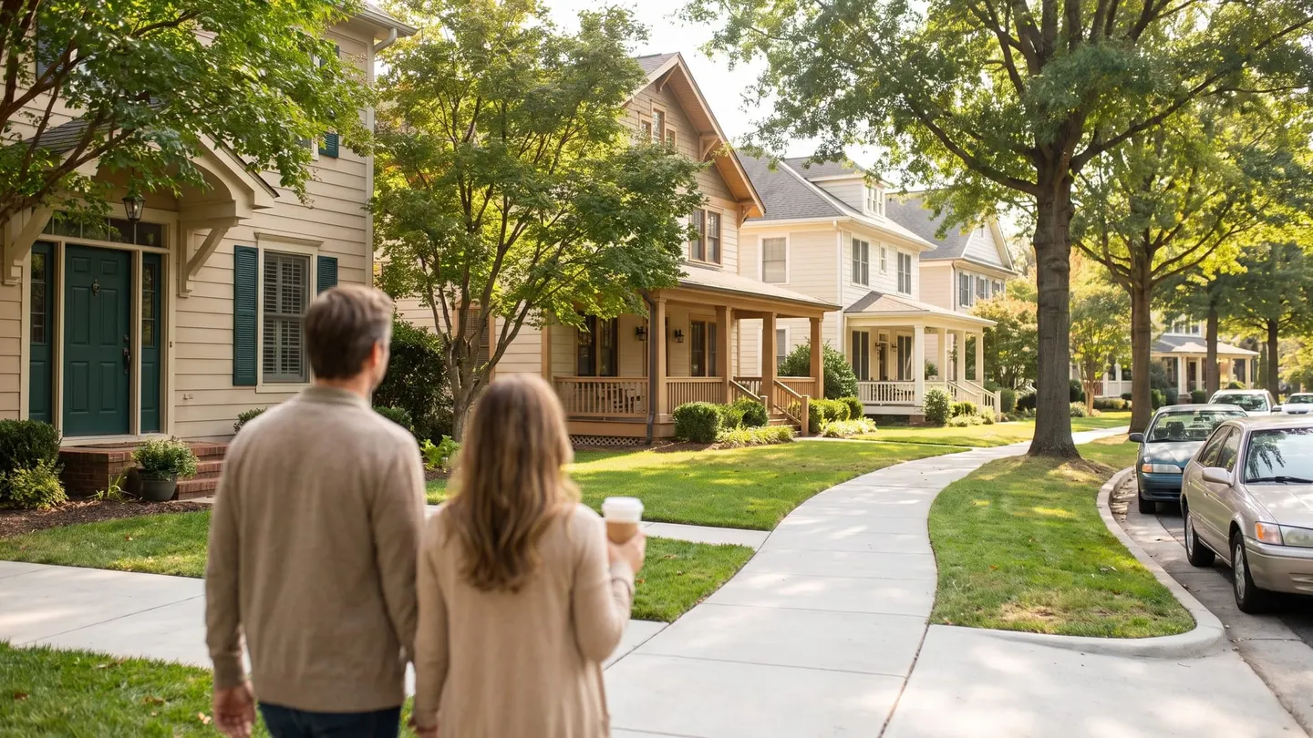 A couple seen from behind, one holding a takeaway coffee, walking along a curving sidewalk past porched homes with a forest-green front door on a tree-lined street
