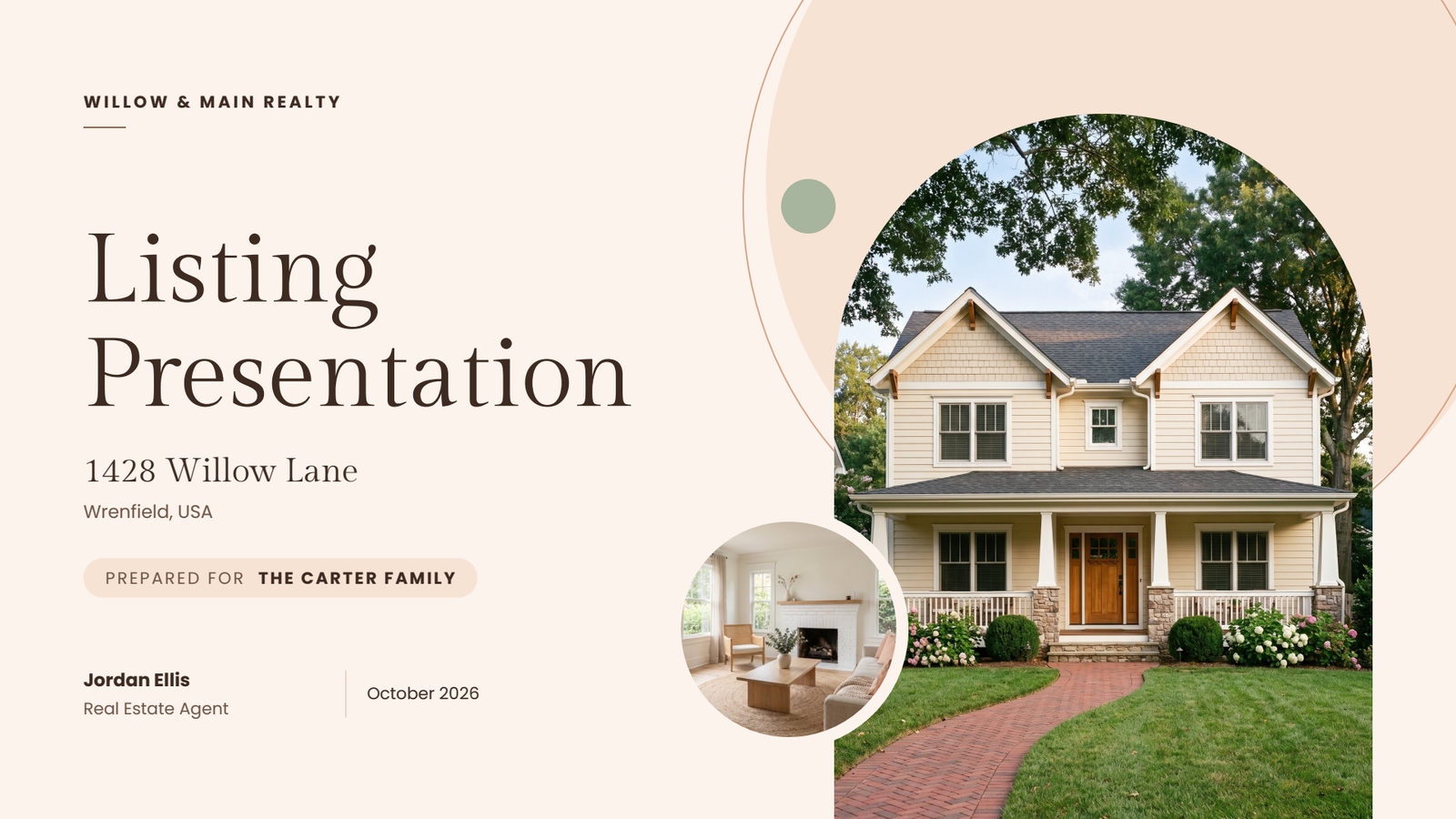 Soft Peach listing presentation template cover slide with peach tones and rounded photo frames