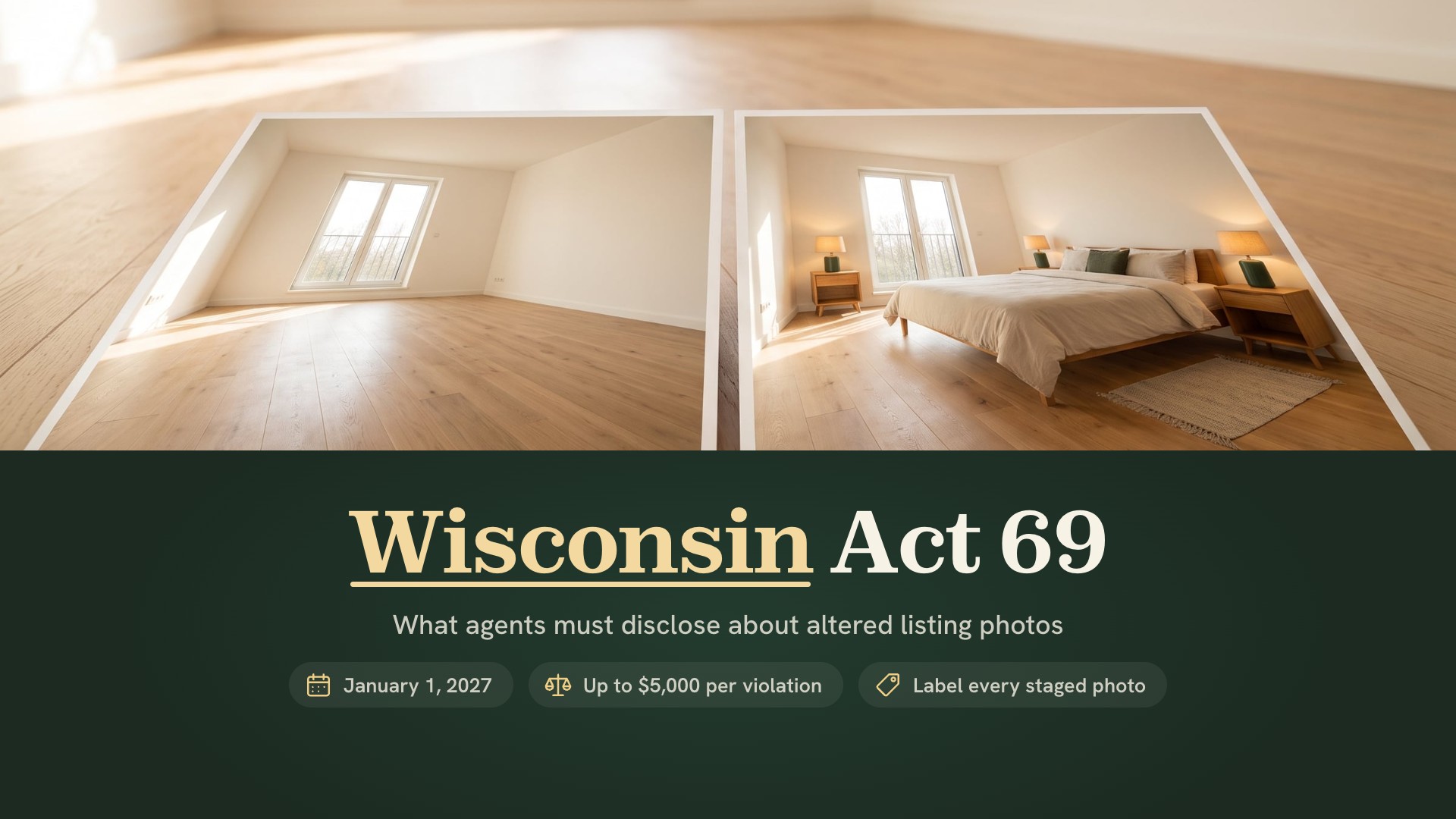 Wisconsin Act 69 and altered listing photos: two prints of the same bedroom, empty and furnished, on the floor of the empty room