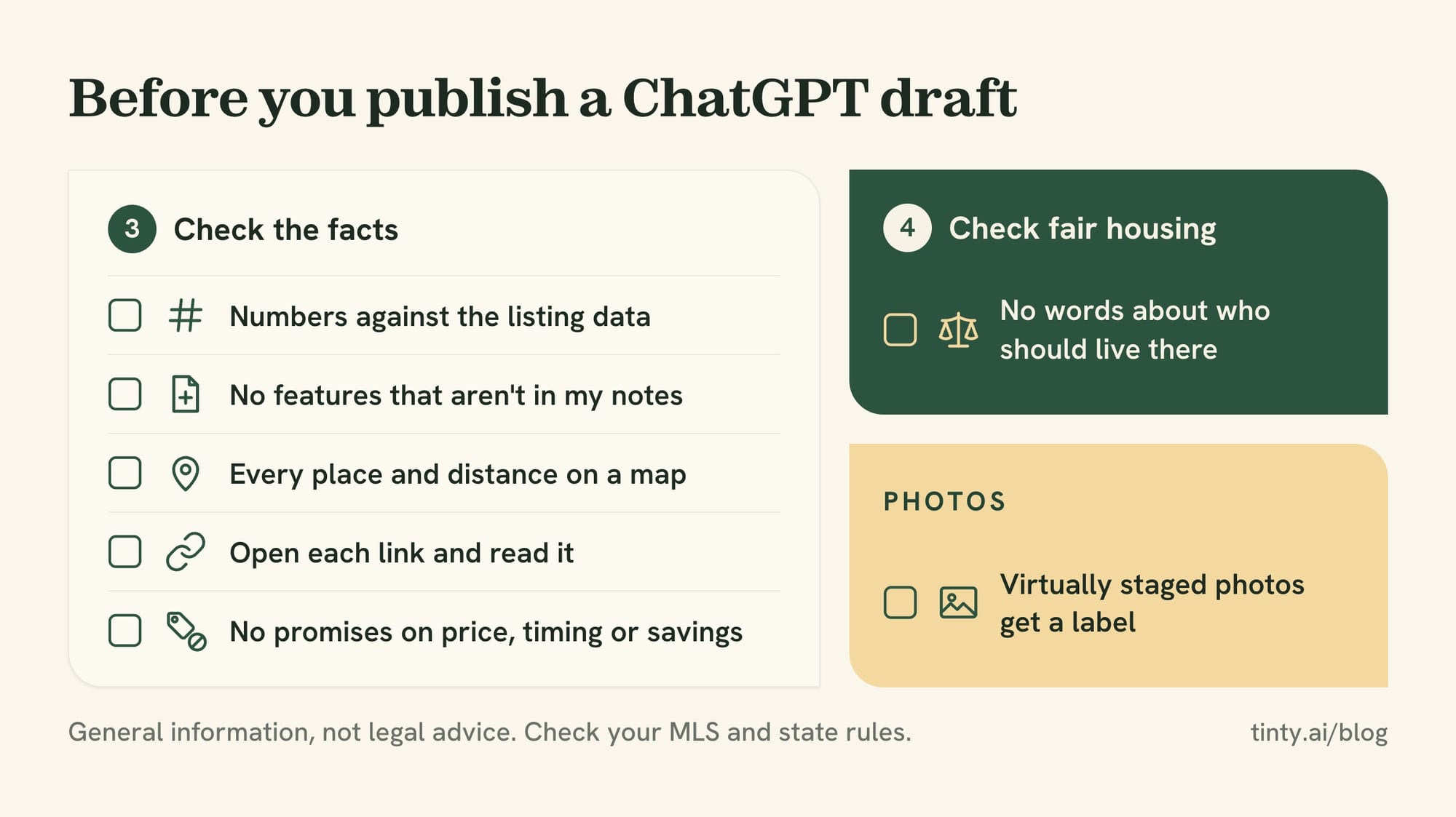 Checklist before publishing a ChatGPT draft in real estate: numbers, features, places, links, promises, fair housing words and photo labels