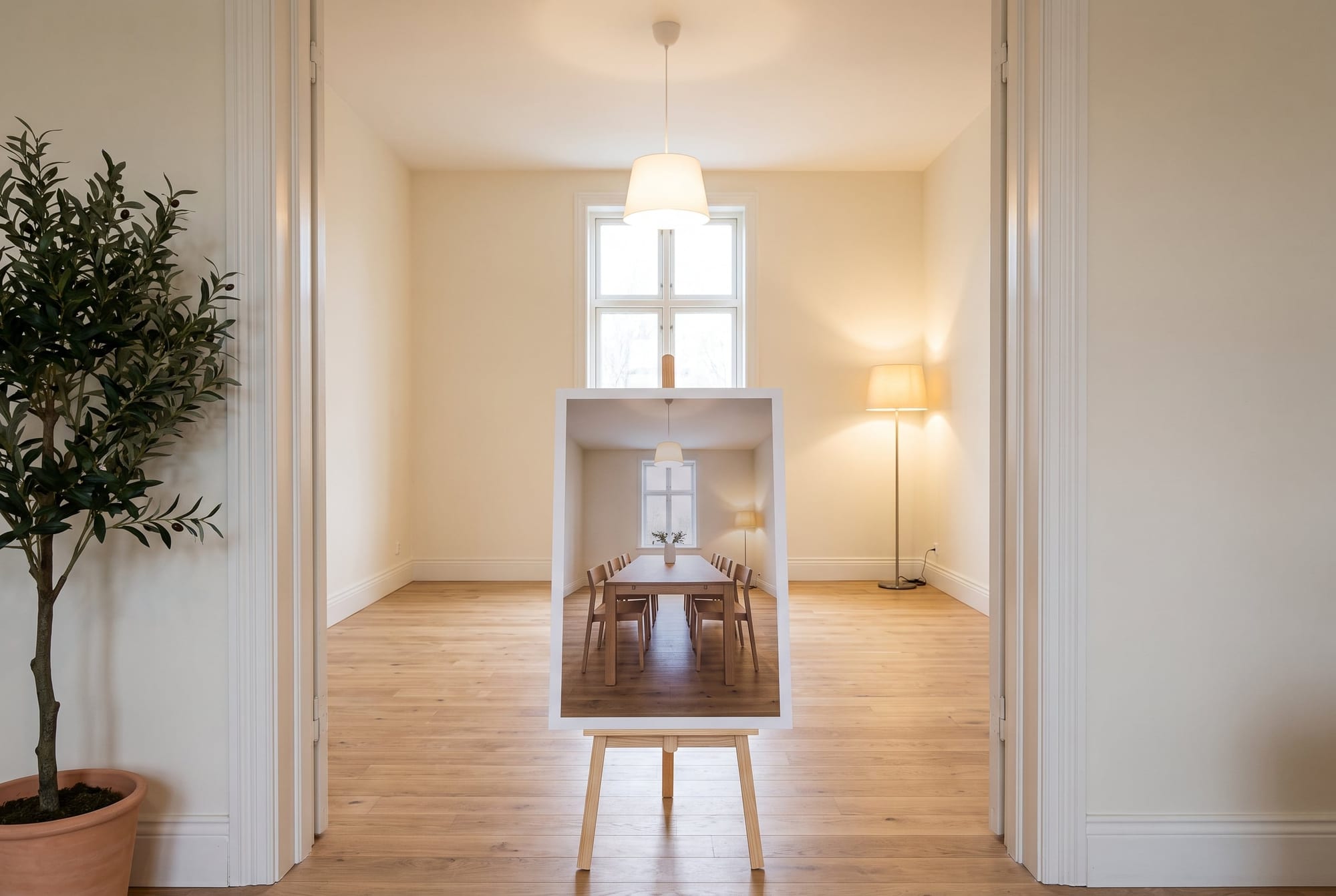An empty dining room ready for a showing, with an enlarged print of the furnished room on an easel by the doorway