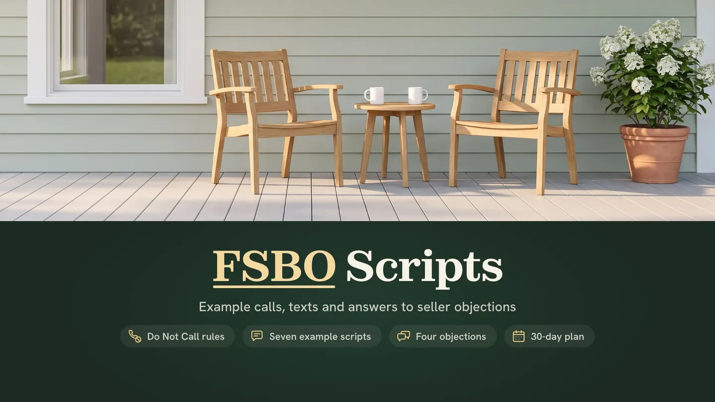FSBO scripts: two wooden chairs facing each other on a sunny front porch, with two mugs on a small table between them
