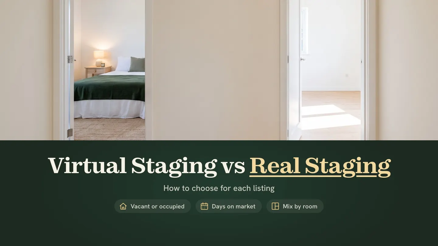 Virtual staging vs real staging: a hallway with two open doors, one bedroom furnished with real furniture and the other room empty
