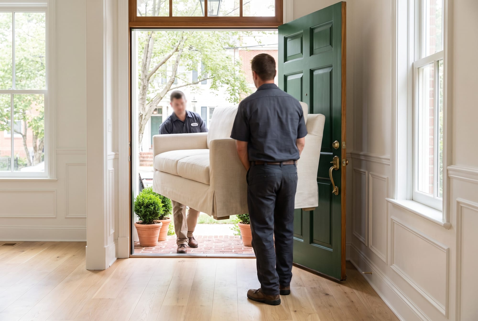 Two movers carrying a cream sofa through the green front door of a white townhouse