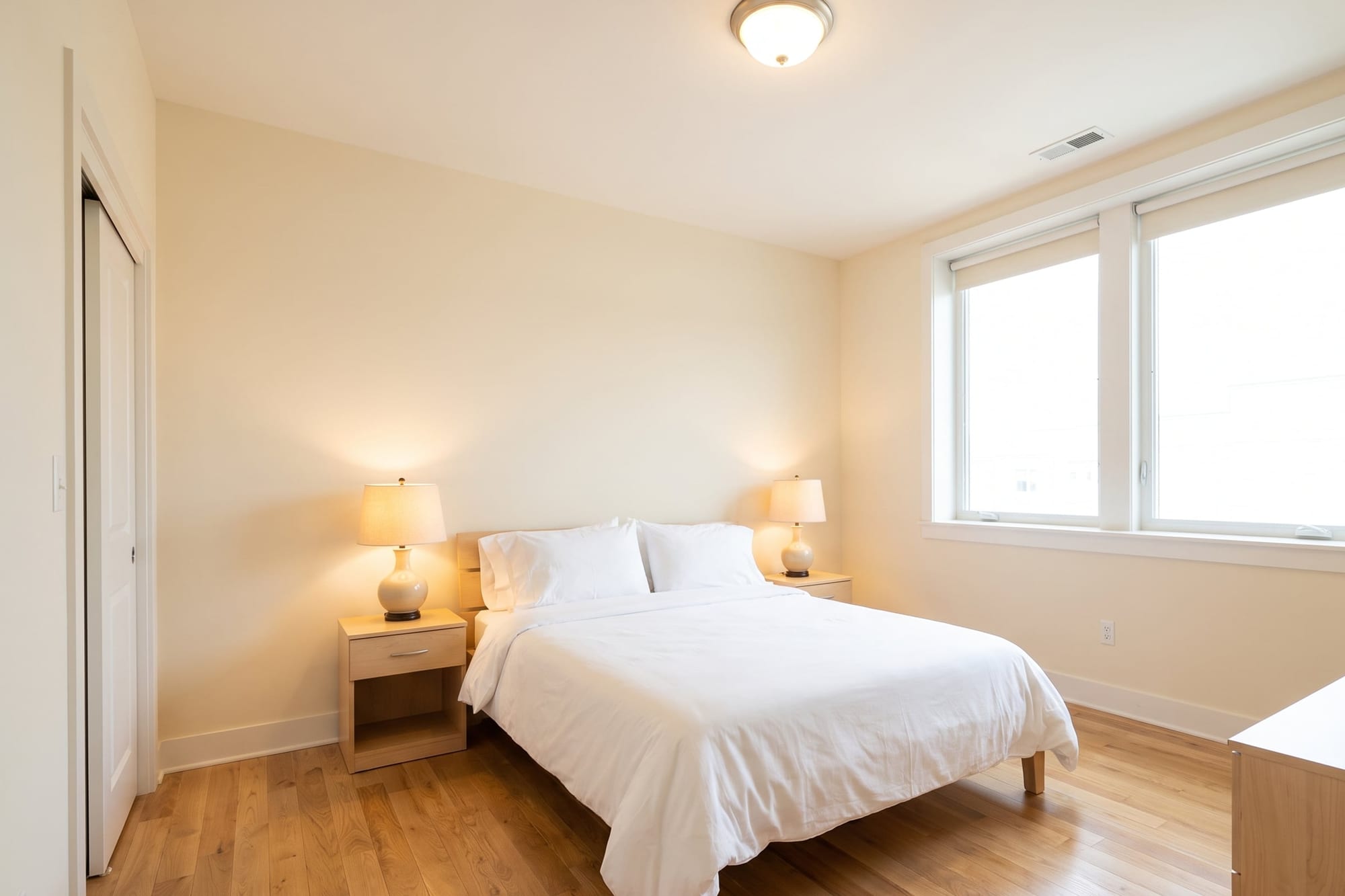Bedroom ready for listing photos: both bedside lamps on, blinds fully open, plain white bedding and cleared nightstands