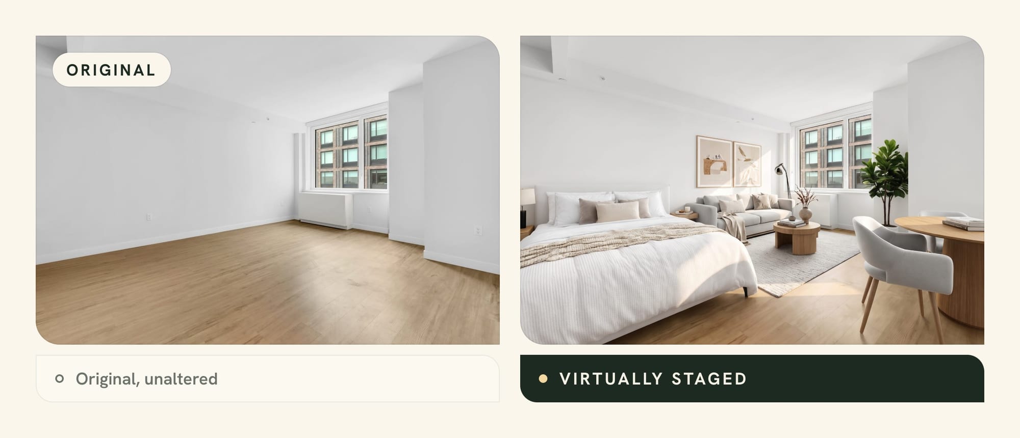Virtually staged studio apartment shown next to the original empty-room photo