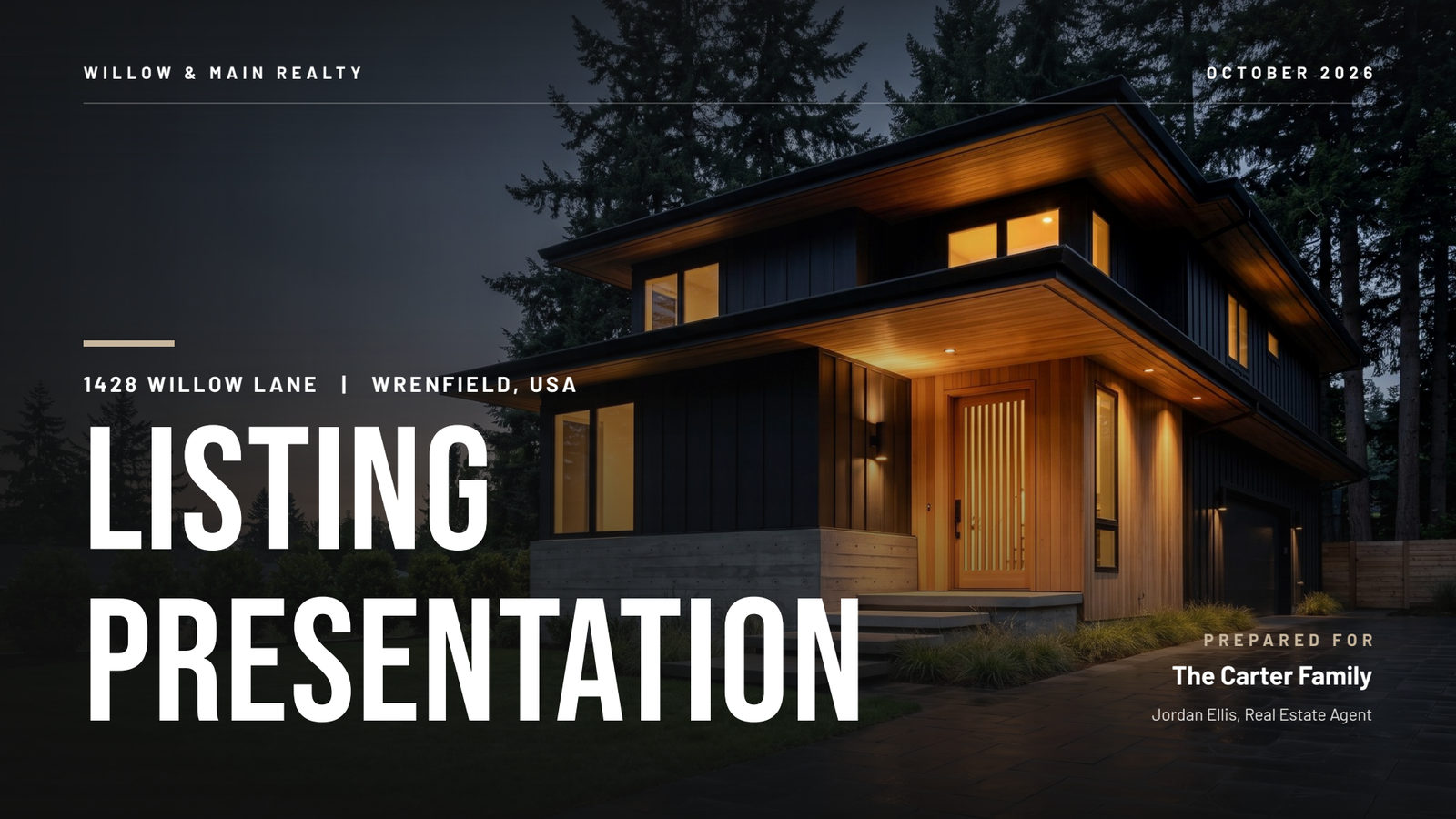 Bold Black listing presentation template cover slide with a big condensed headline over a modern house at dusk