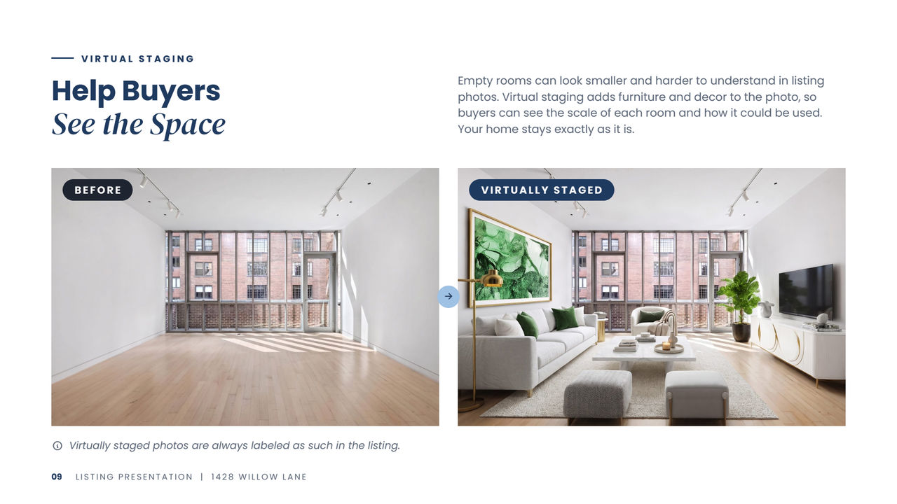 Listing presentation slide showing an empty living room next to the same room virtually staged, labeled Virtually staged