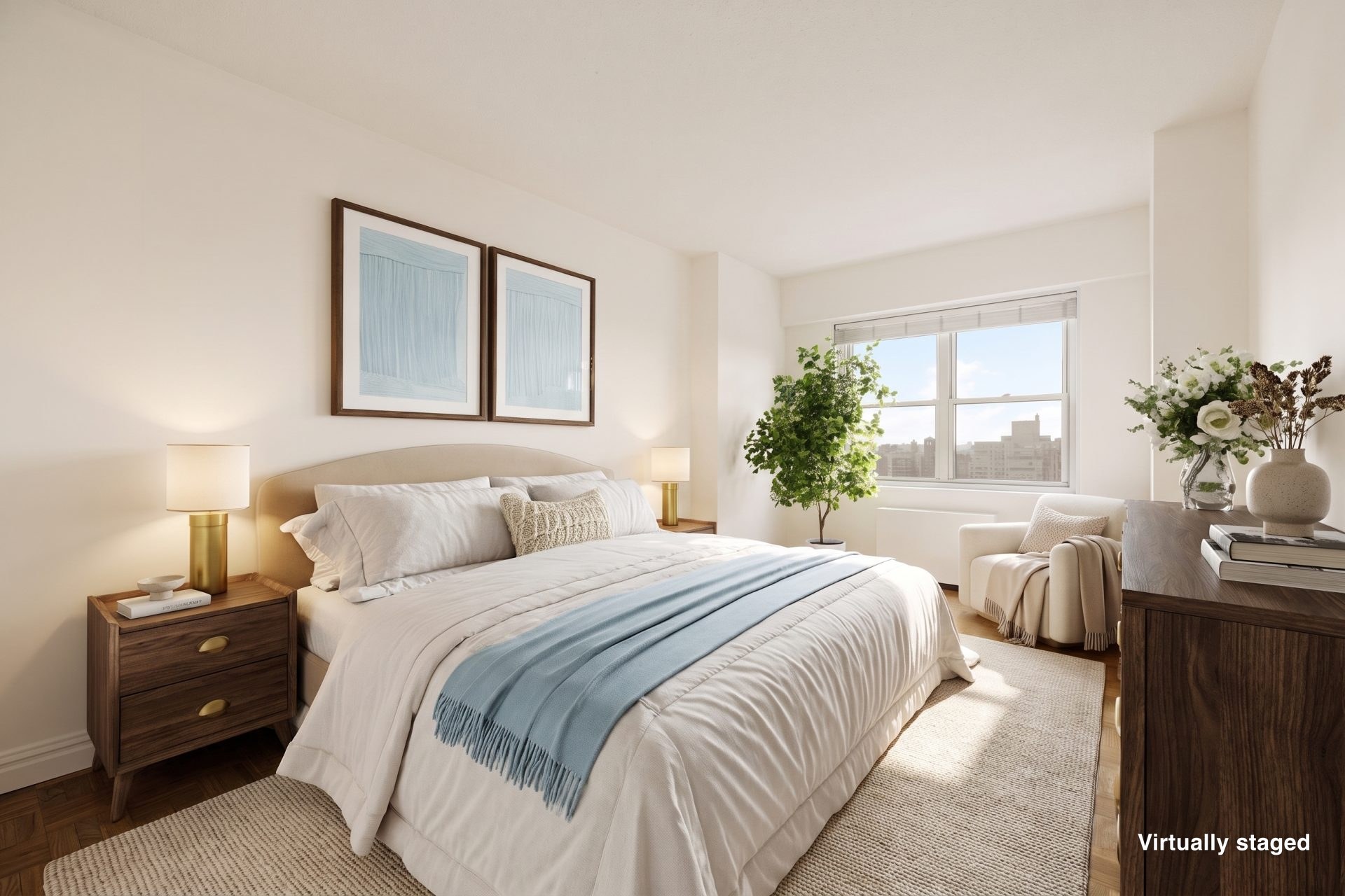 A TINTY finished photo of a staged bedroom with the optional Virtually staged label in the corner