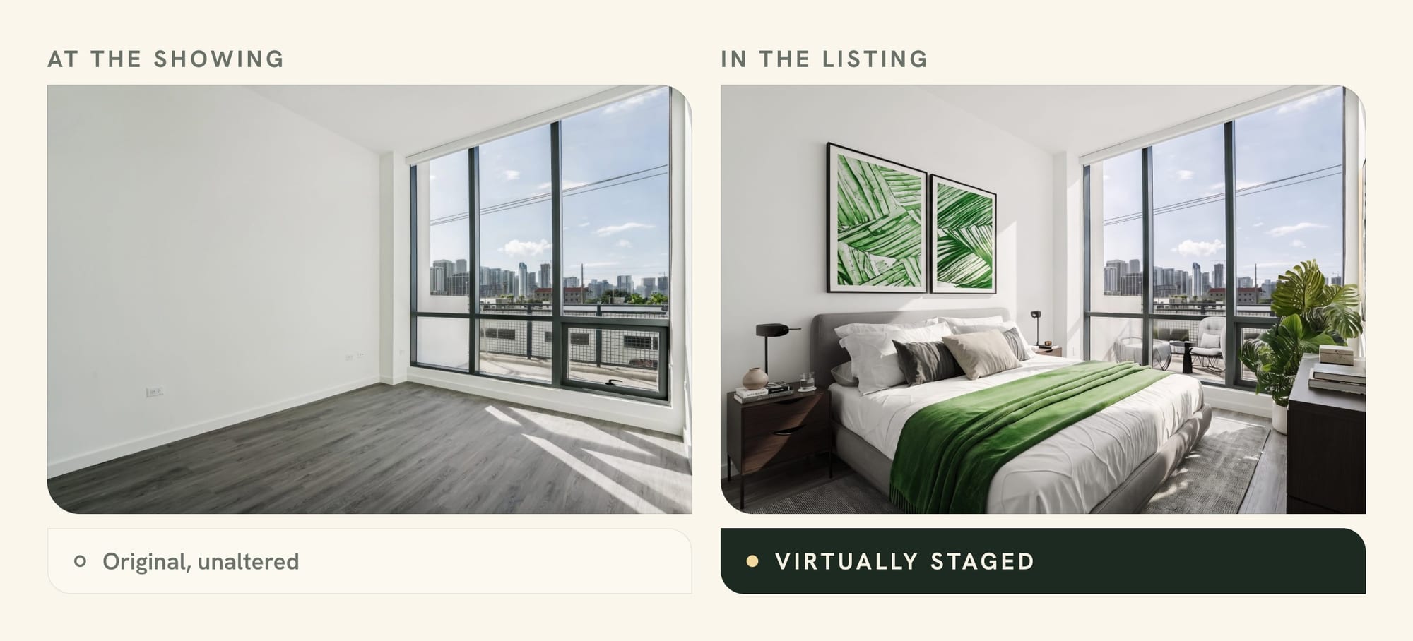 Virtual staging vs real staging: the same empty bedroom as buyers see it at a showing and as a virtually staged listing photo