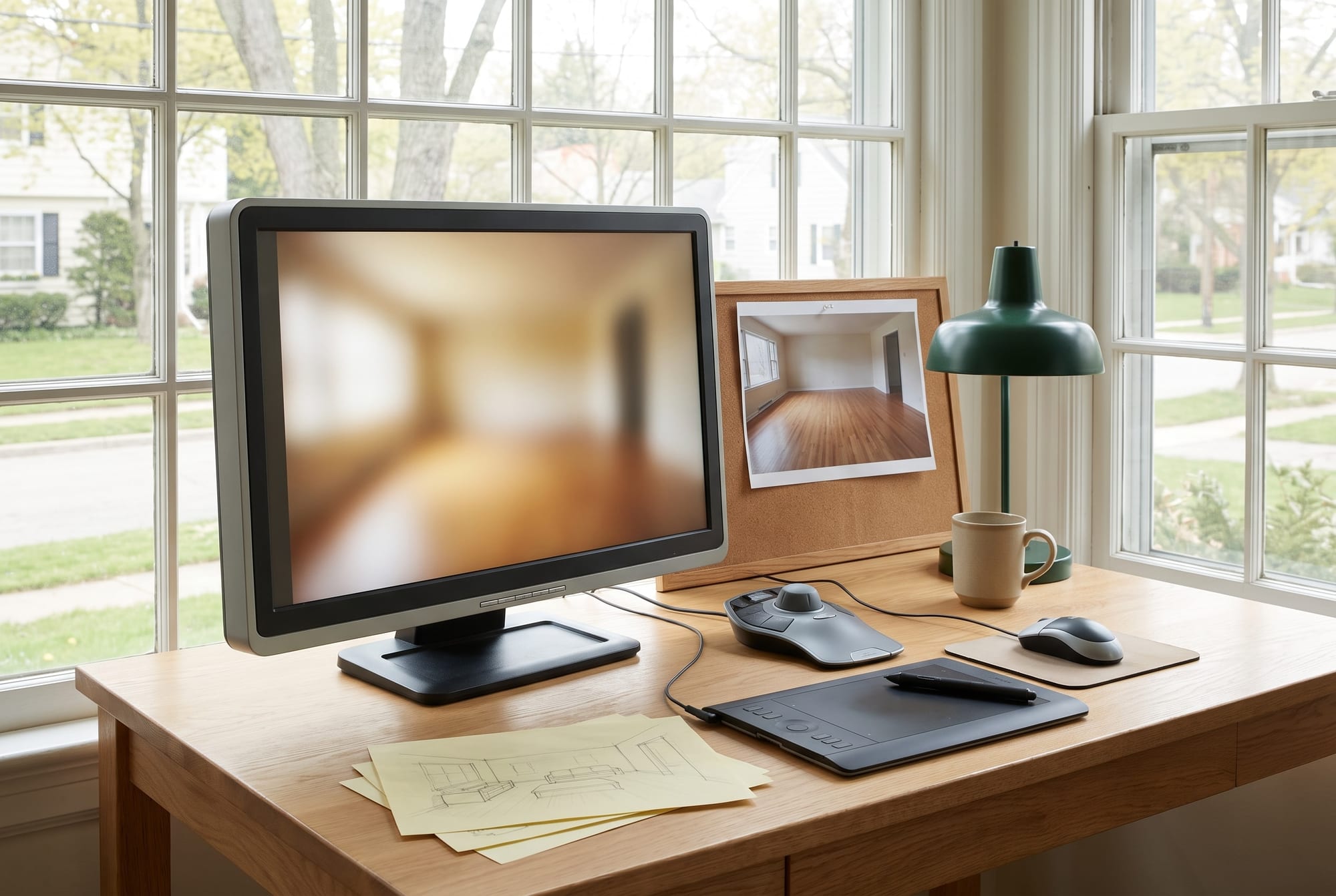 A designer's desk by a window with a flat monitor showing a blurred interior, a pen tablet, a 3D mouse, room sketches and a pinned photo of an empty room
