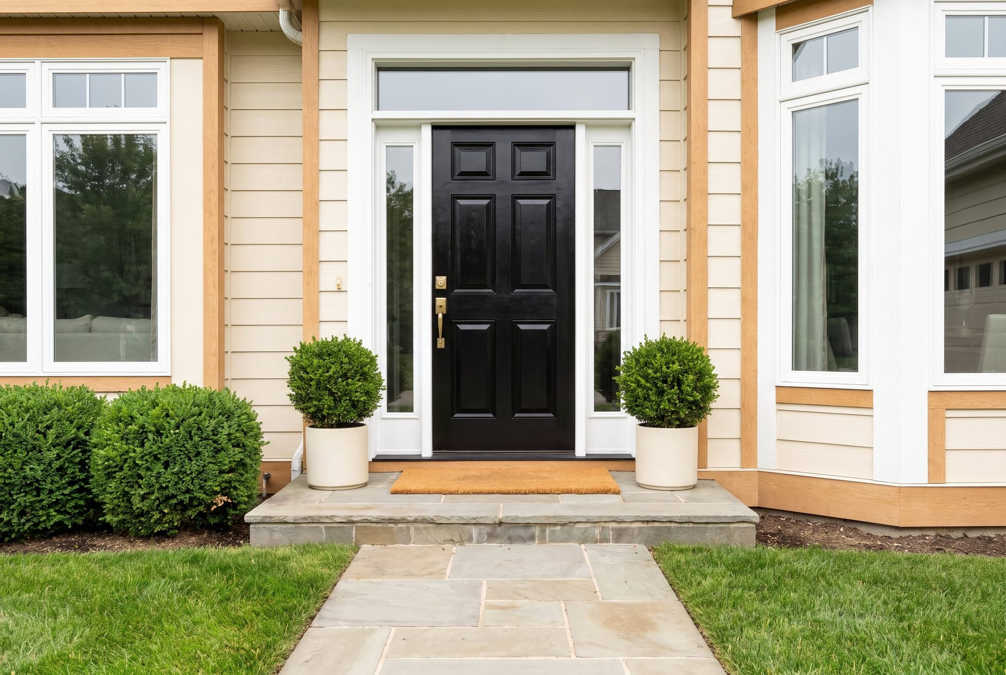 Front entry of a house for sale with a freshly painted door, a new doormat and two potted plants by a swept walk