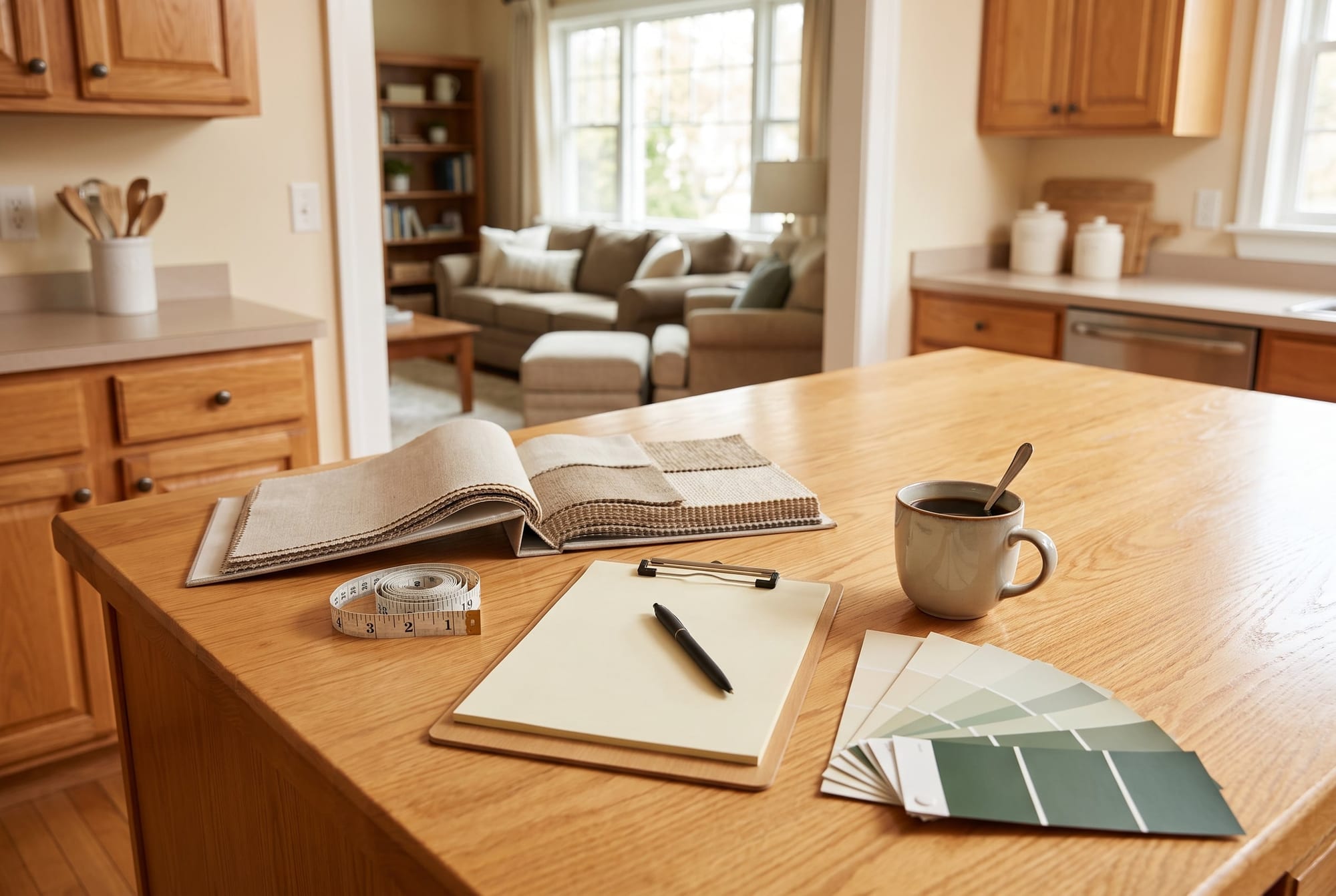 Home stager's consultation kit on a kitchen island: fabric swatch book, measuring tape, clipboard and green paint chips