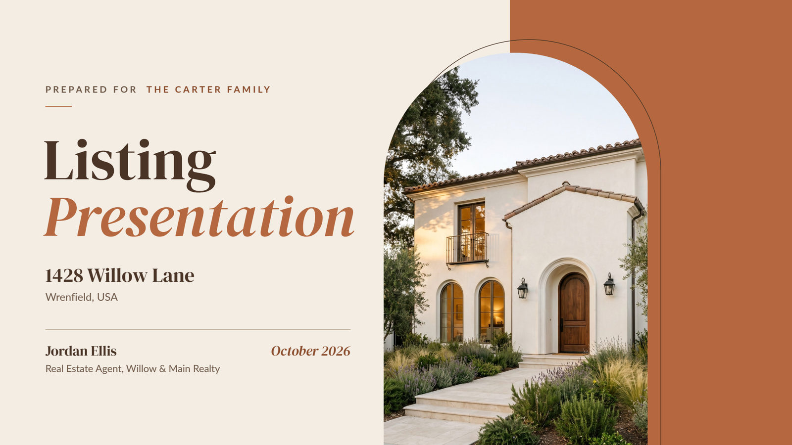Warm Neutral listing presentation template cover slide in cream and terracotta with an arched house photo