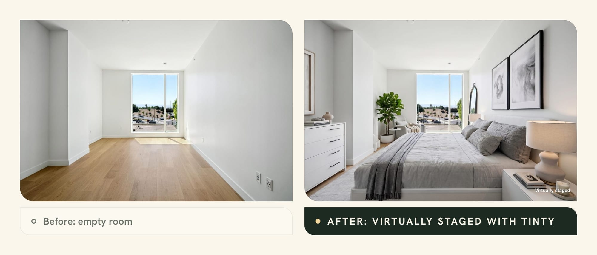 Empty bedroom next to the same room virtually staged with TINTY and labeled Virtually staged