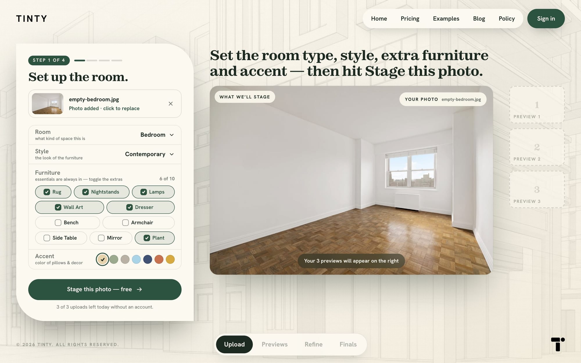 TINTY setup screen with an empty bedroom photo, room type, style, furniture toggles and accent colors, before staging