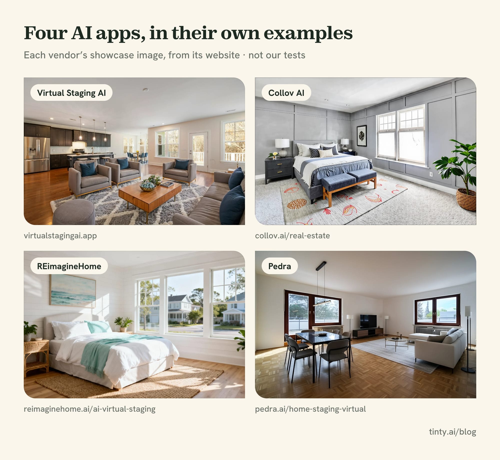 Showcase examples from four AI virtual staging apps: Virtual Staging AI, Collov AI, REimagineHome and Pedra