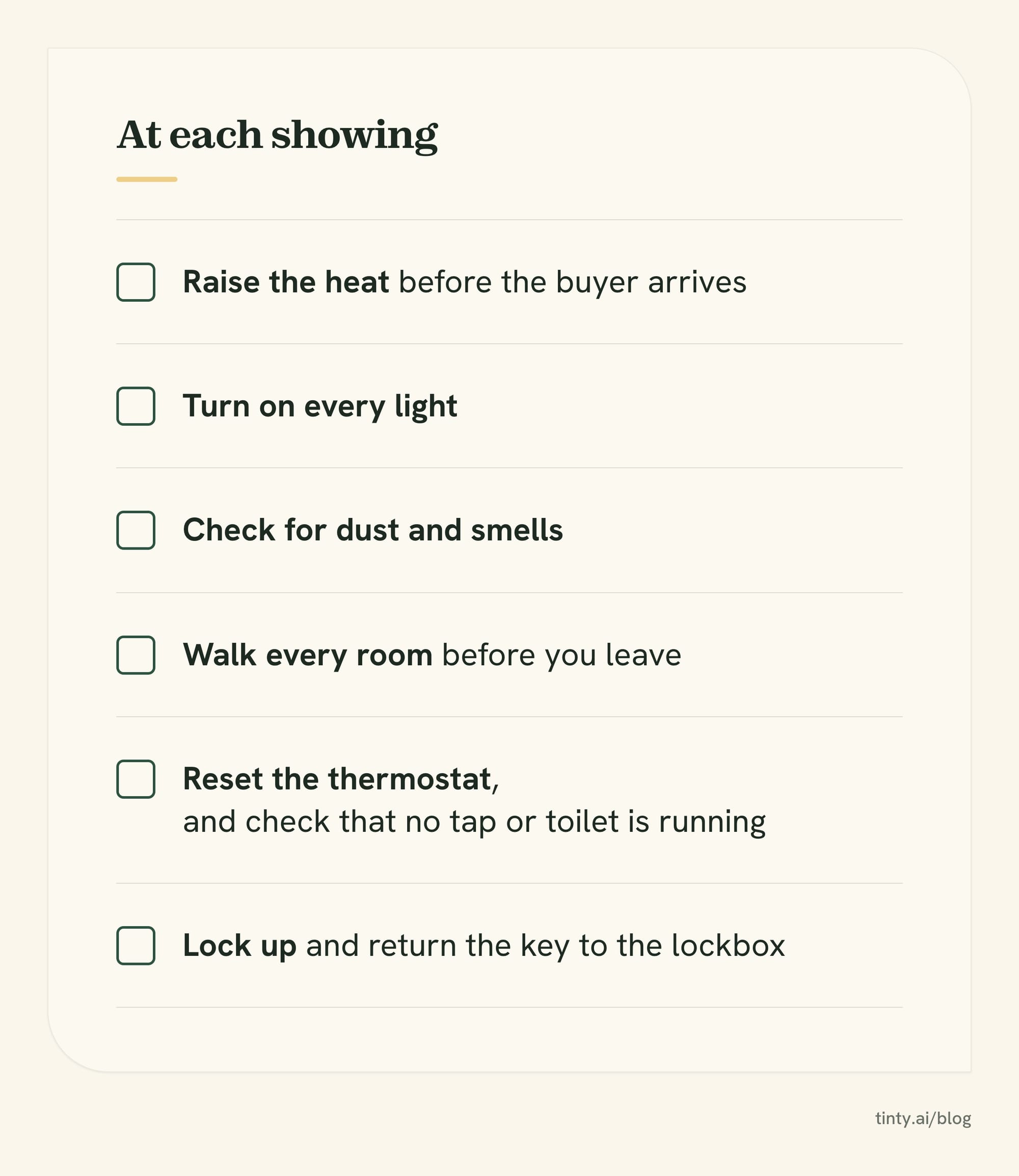 Showing checklist card for a vacant house: heat, lights, room check, thermostat reset and lock-up