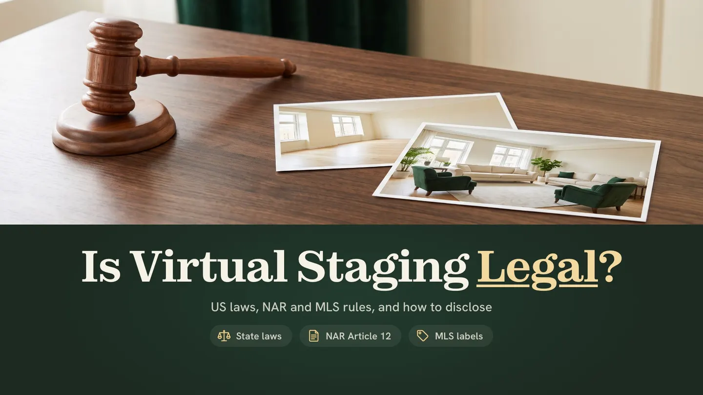 Is virtual staging legal? A judge's gavel beside two prints of the same room, empty and virtually staged