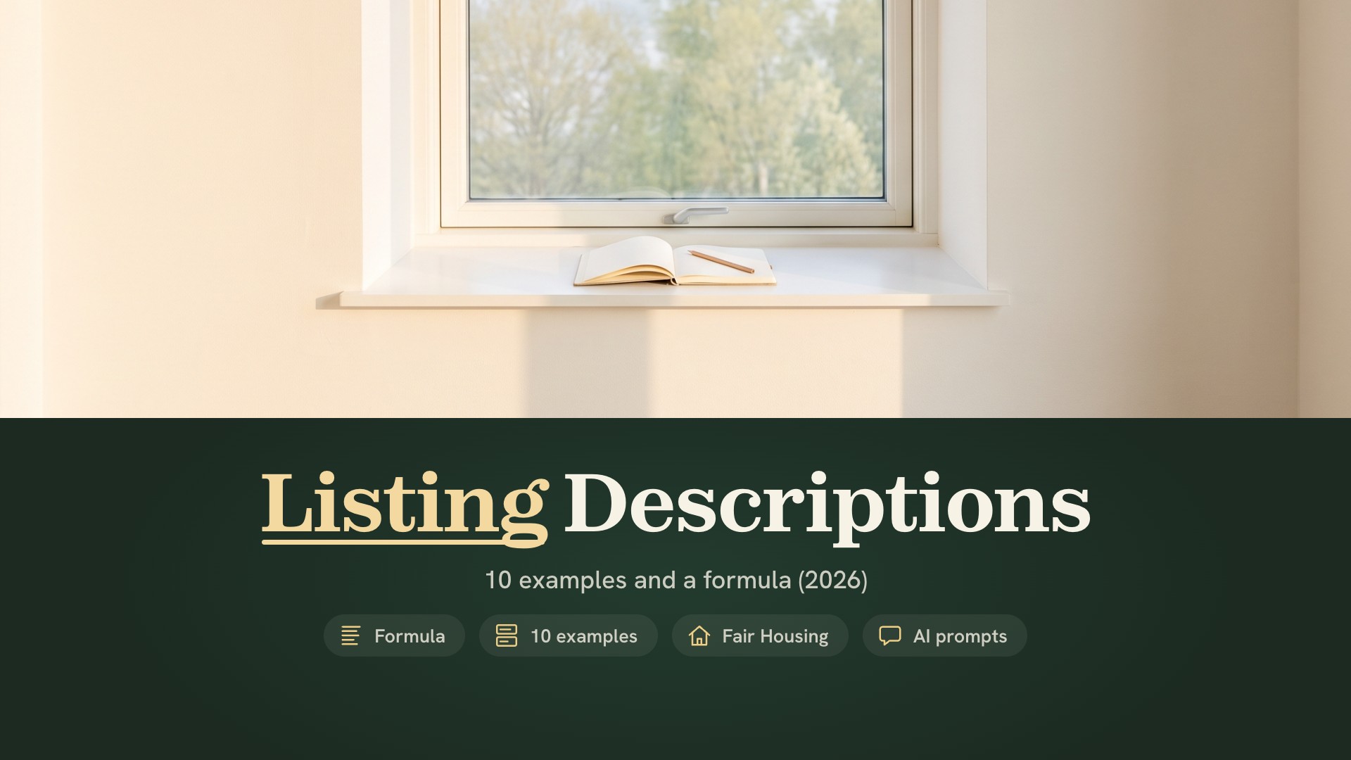 Writing a real estate listing description: a blank notepad and a pencil on the windowsill of an empty, sunlit room