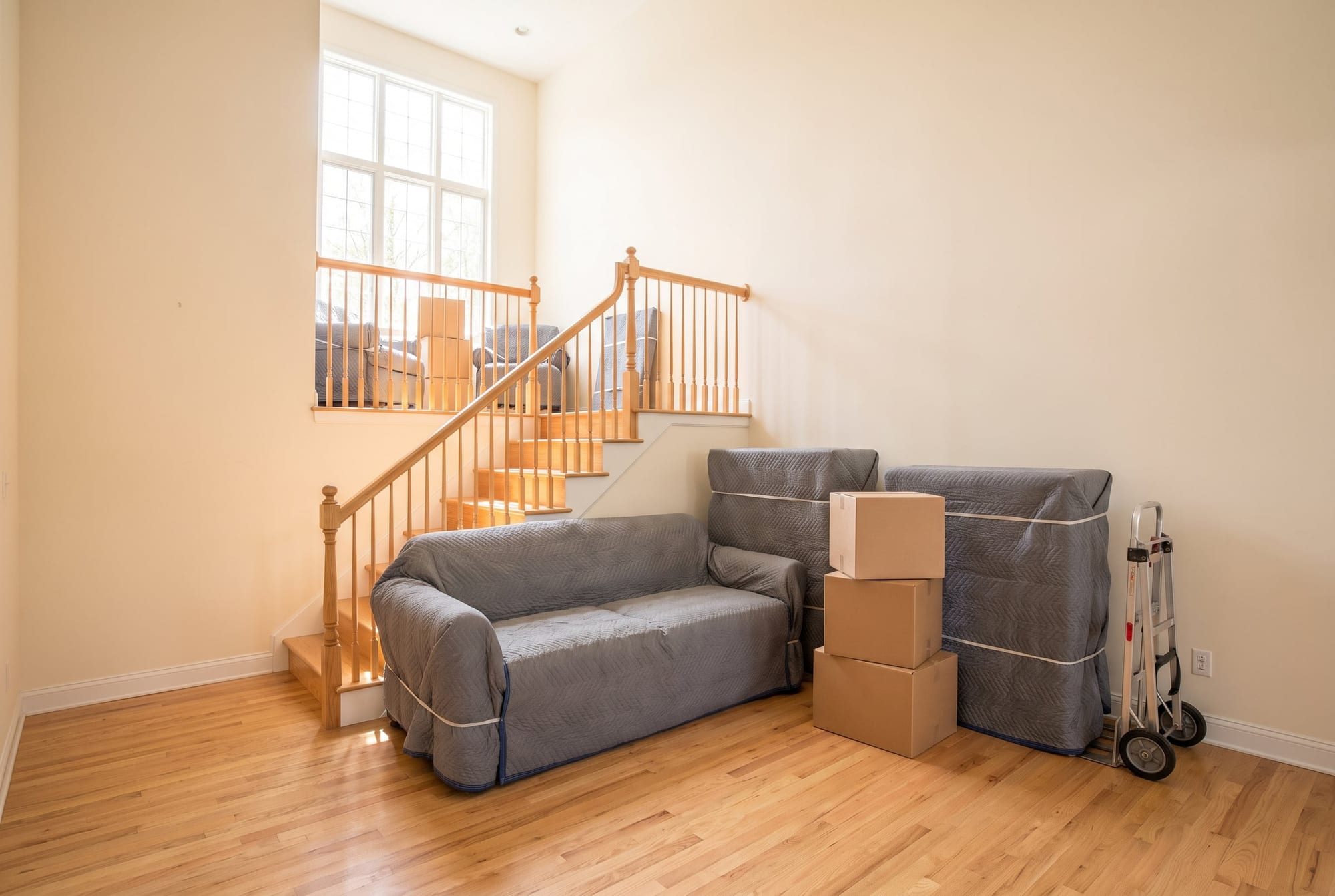Rented staging furniture wrapped in moving blankets at the foot of the stairs in an empty two-story house