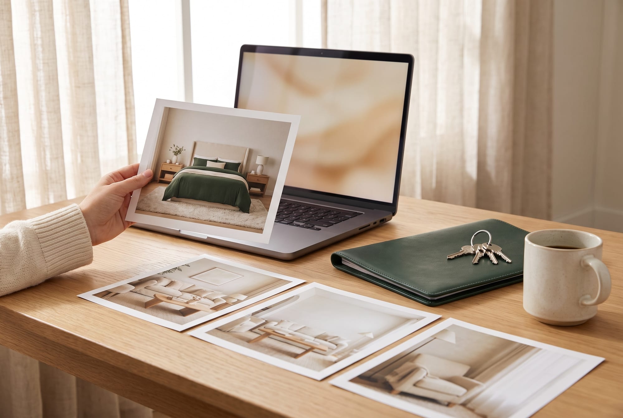 A hand holding a printed photo of a staged bedroom with a green duvet over an oak desk with laptop, prints, folder and keys