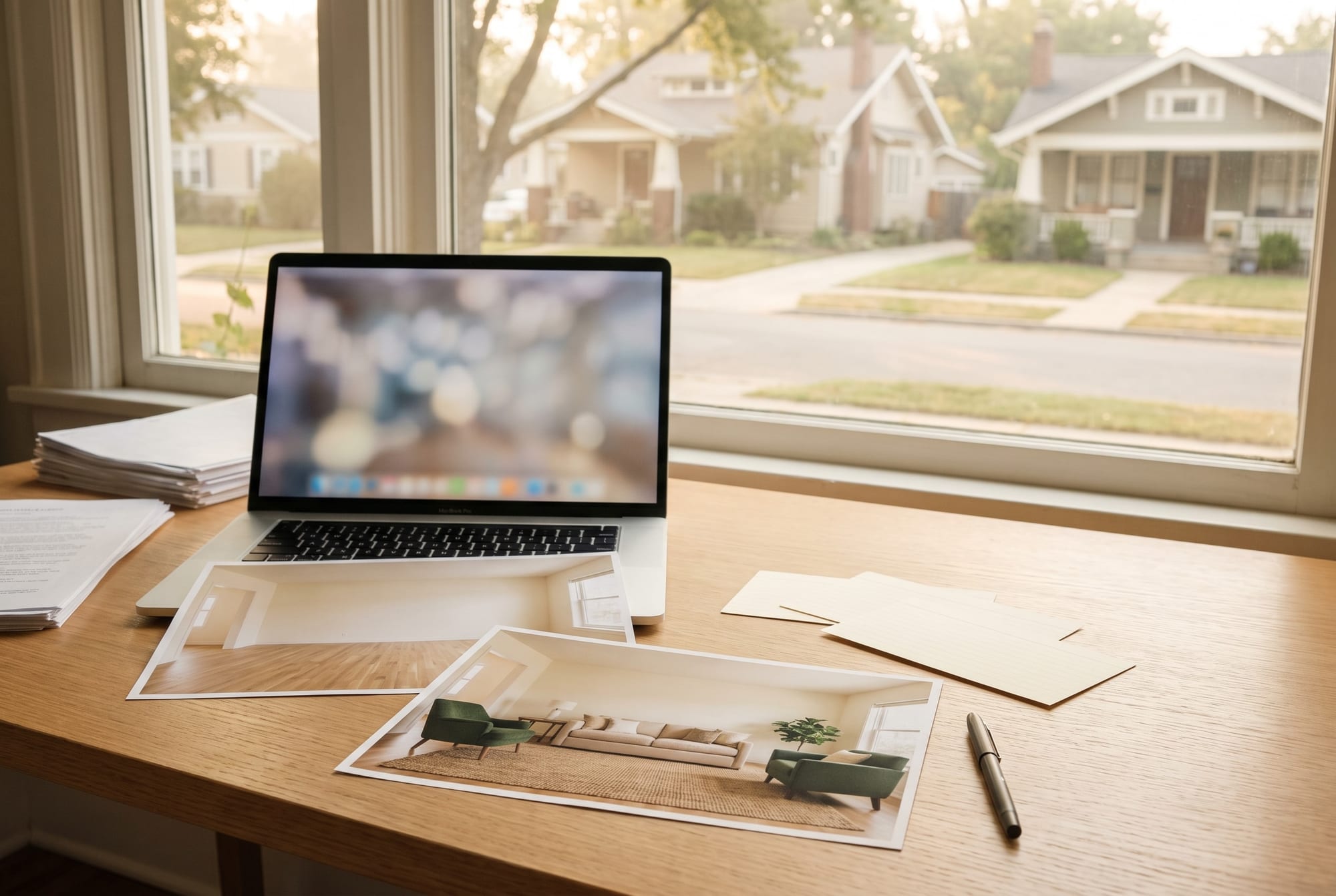 An agent's desk with a laptop, printed photos of an empty and a furnished living room, and three blank index cards