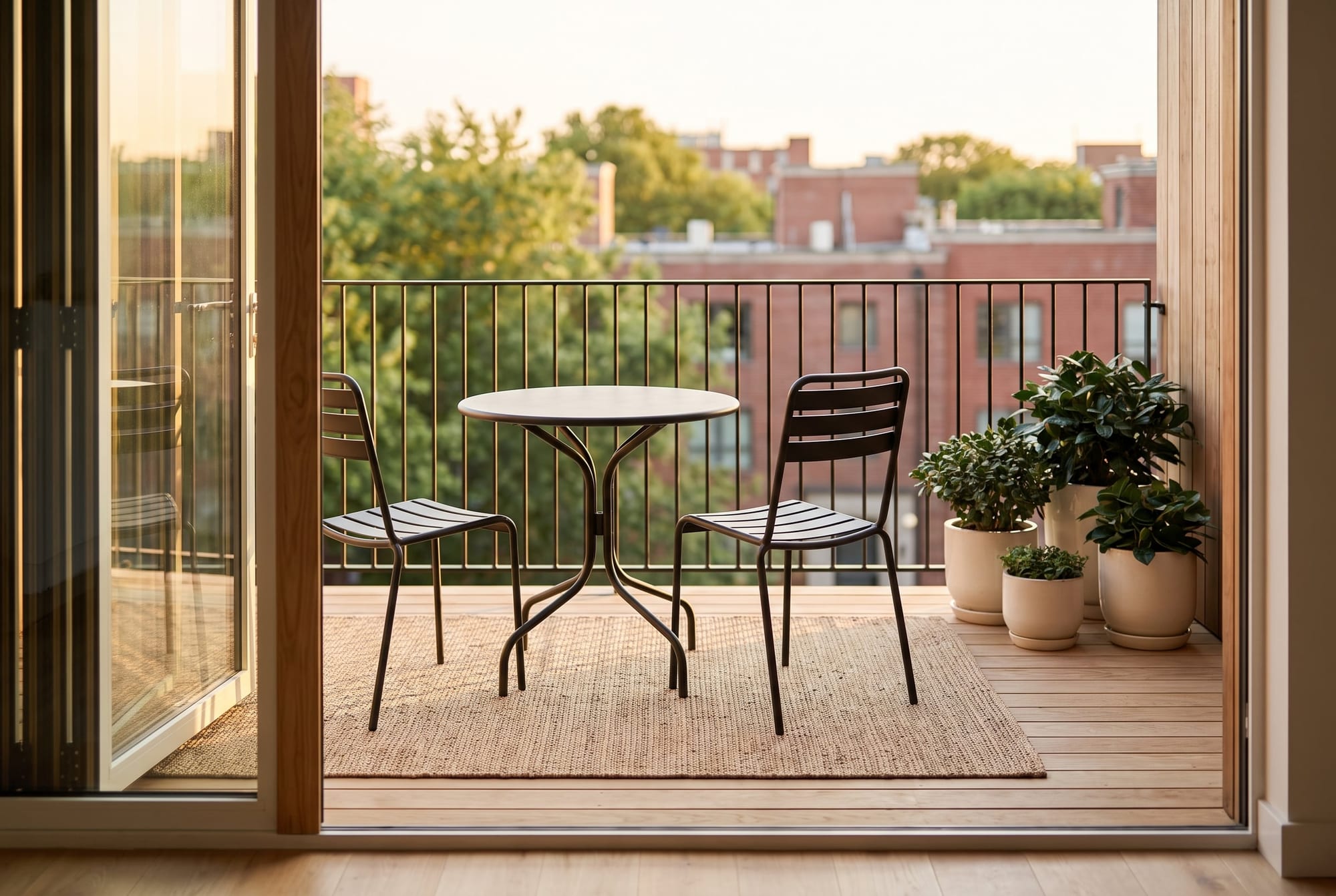 Patio and terrace staging: a small table, two chairs, an outdoor rug and matching potted plants on a terrace