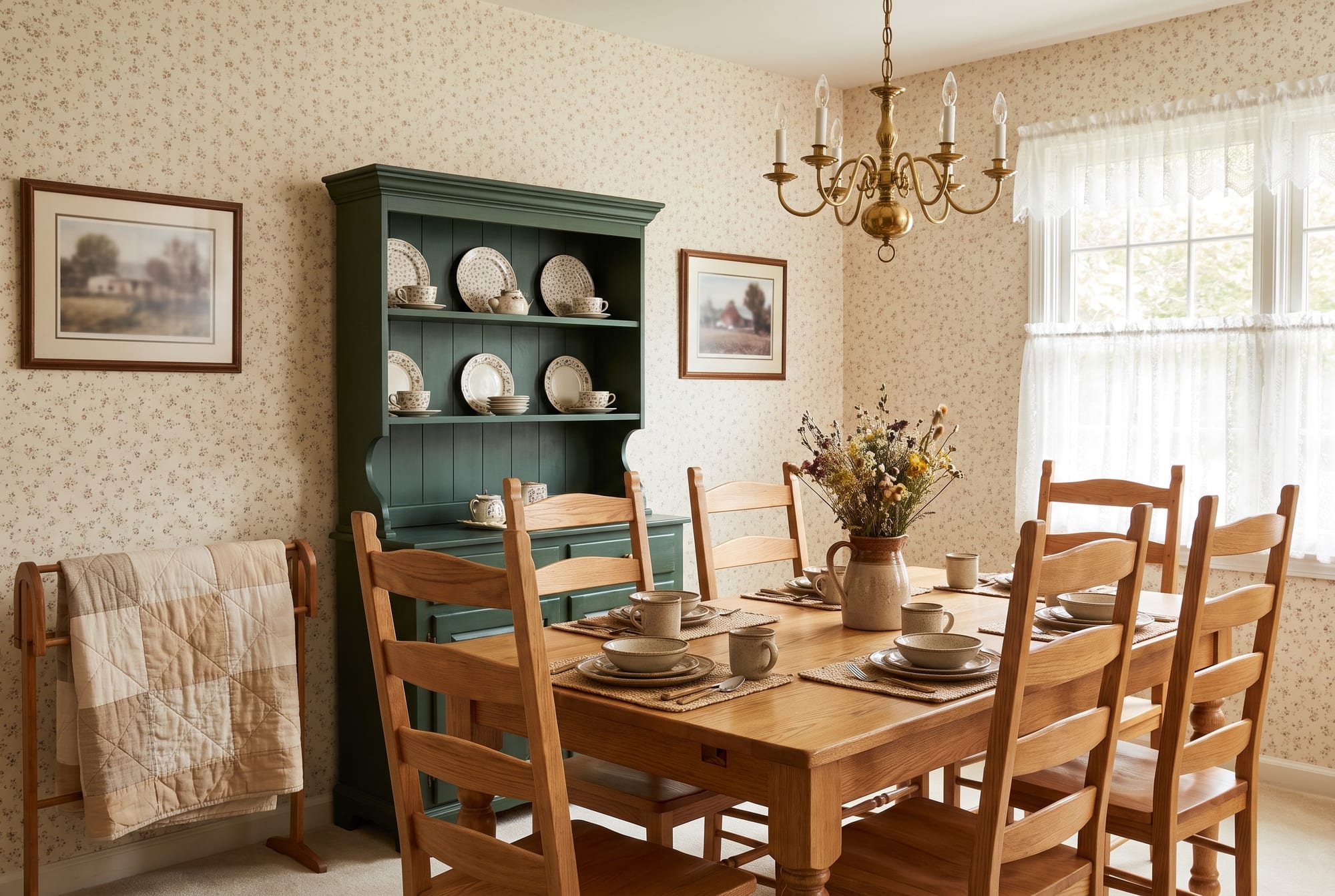 A country-style staged dining room with floral wallpaper, an oak table set with stoneware, a green hutch and a folded quilt