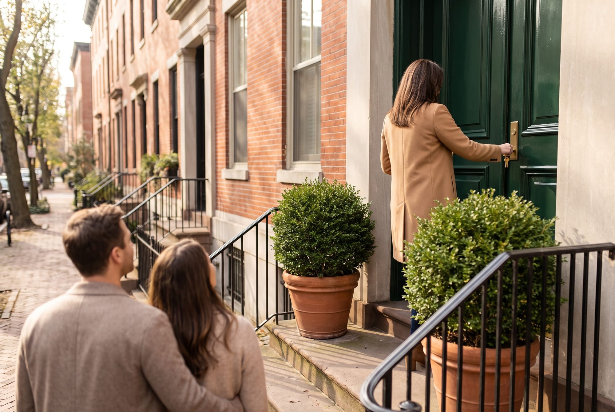 Agent in a camel coat, seen from behind, unlocking the green door of a brick townhouse while a couple waits at the steps