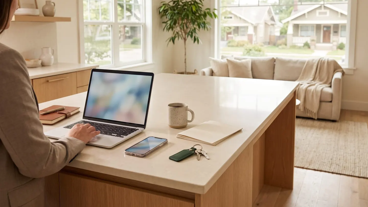 Real estate agent typing on a laptop at a stone-topped kitchen island in a sunlit home, with a phone, house keys on a green leather tag and a coffee mug nearby