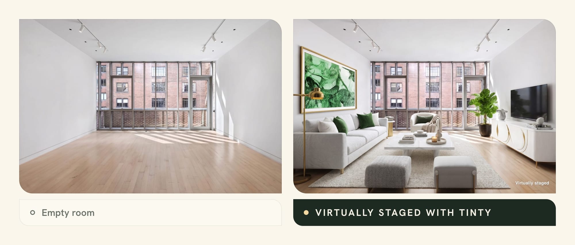 Example for an expired listing relaunch: an empty living room next to the same room virtually staged with TINTY, labeled Virtually staged
