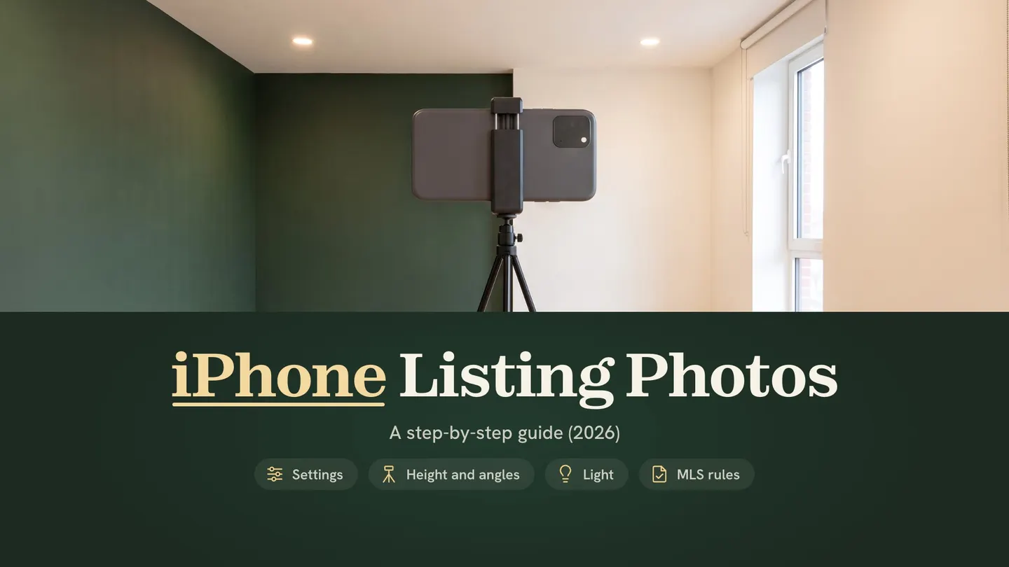 How to take real estate photos with an iPhone: a phone on a slim tripod, held level at chest height in a bright, empty living room