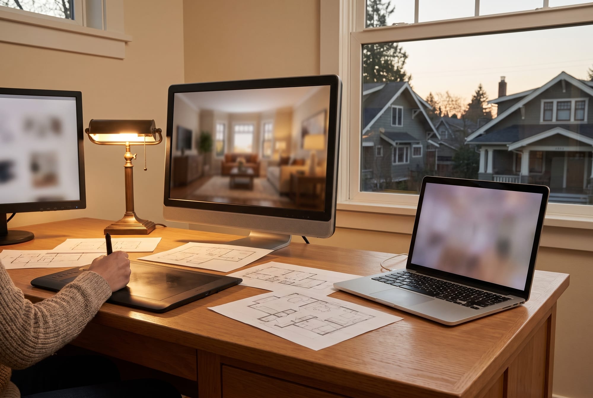 A 3D artist's desk with a blurred living room rendering on a large monitor, a pen tablet, room sketches and a thin laptop