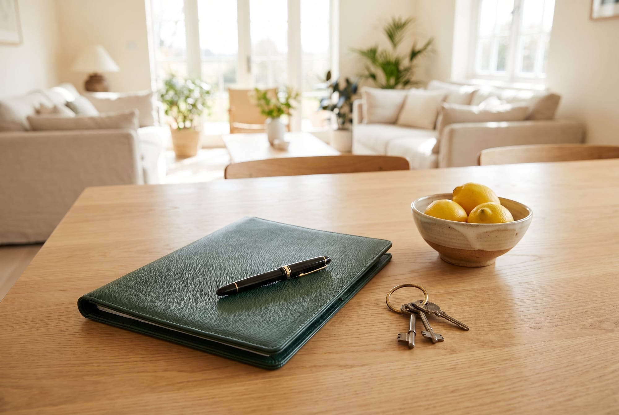 Green document folder, a pen and house keys on a dining table in a bright home