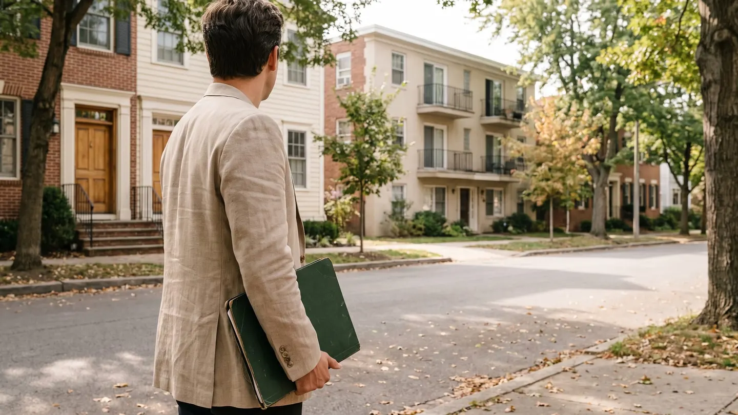 Investor in a linen jacket, seen from behind with a green folder, looking across a tree-lined street at brick and cream townhouses and a small apartment building