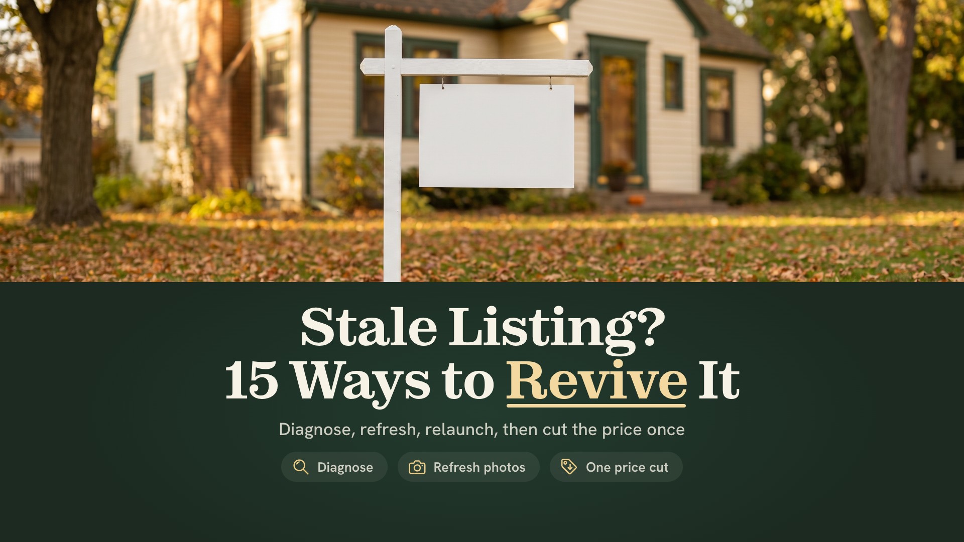 Stale listing? A blank for-sale sign on a front lawn covered in autumn leaves