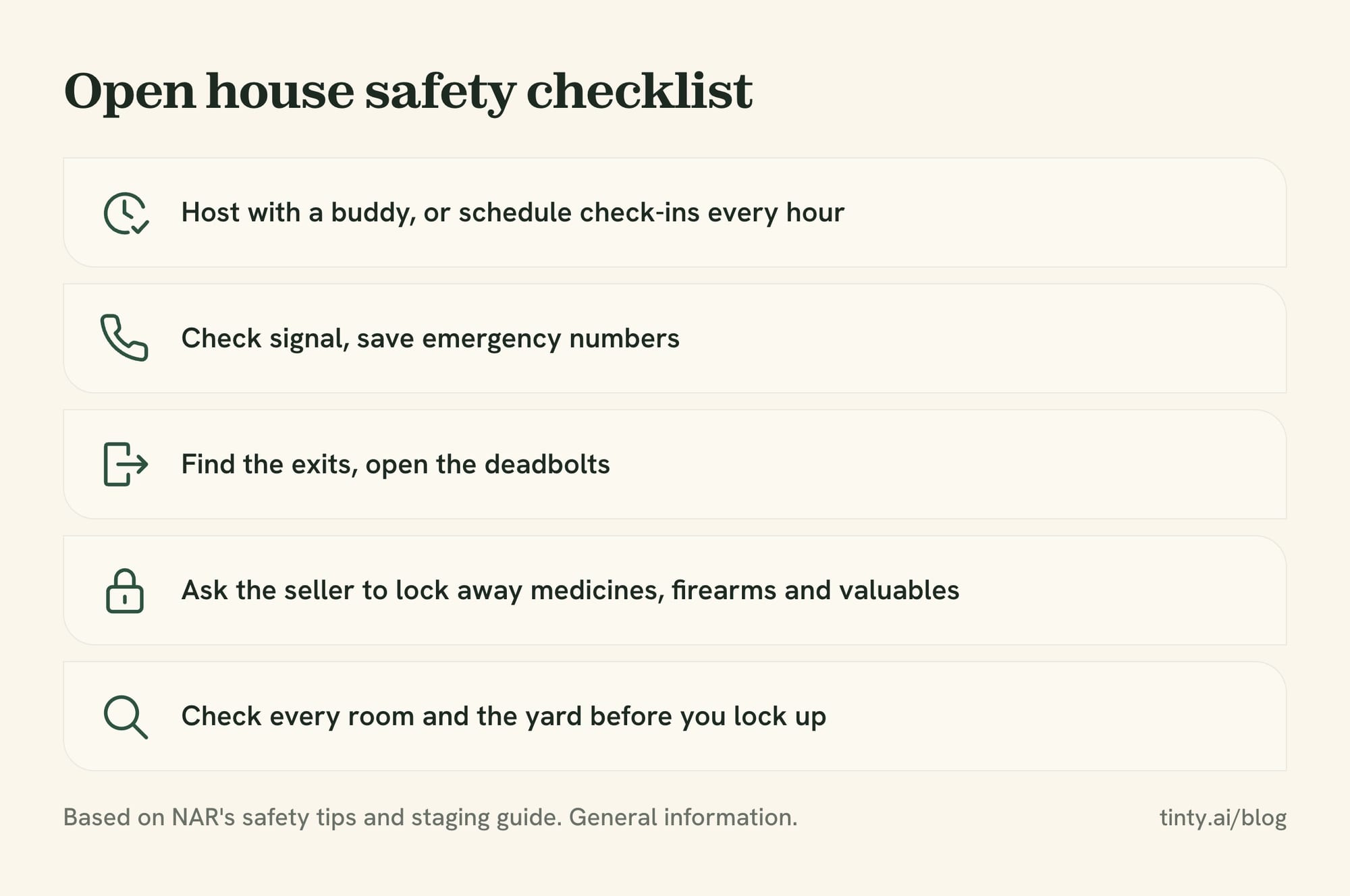Open house safety checklist for real estate agents: buddy, phone, exits, valuables and a final walk-through